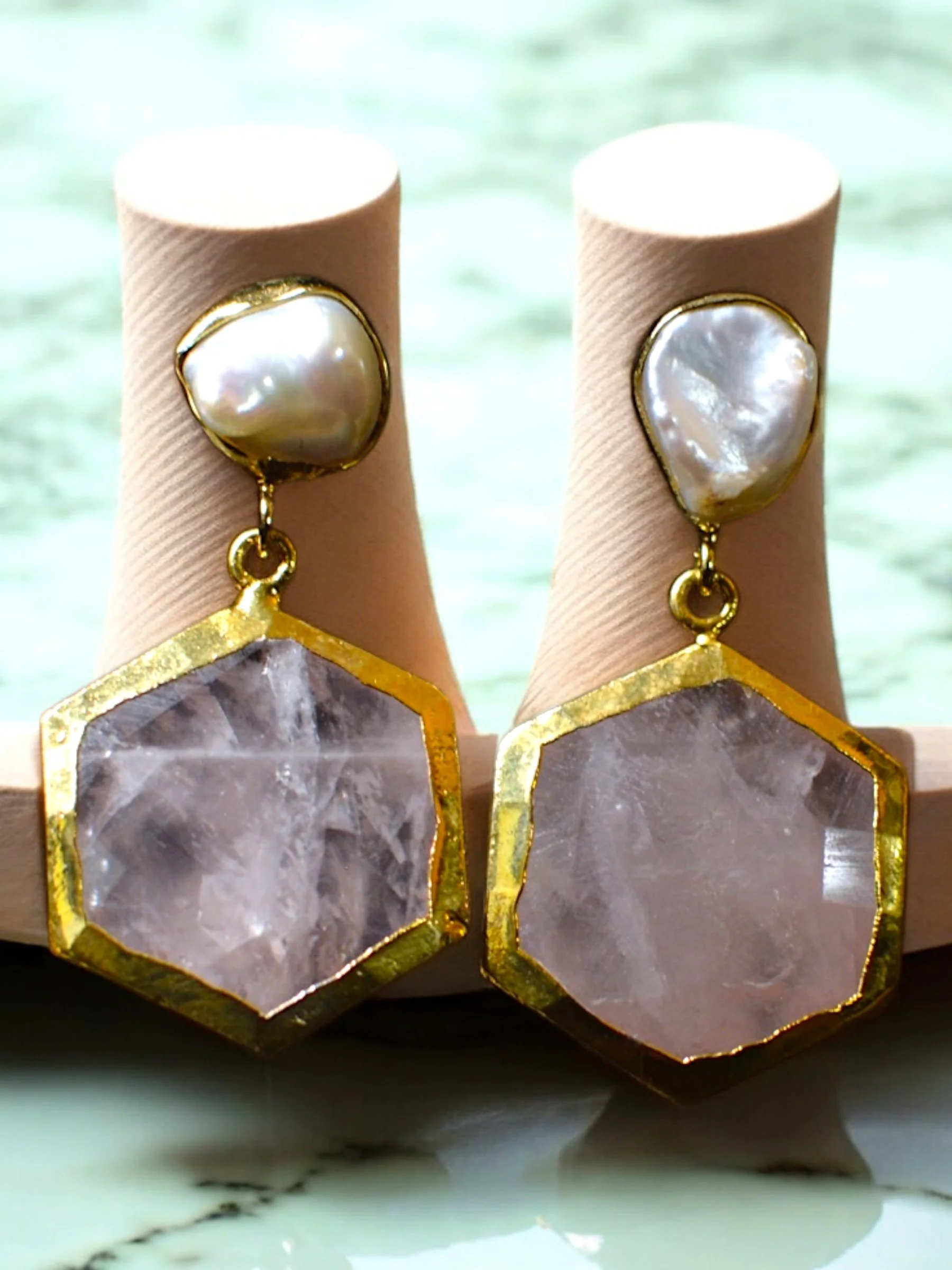 Hexagon Gemstone & Pearl Dropper Earrings
