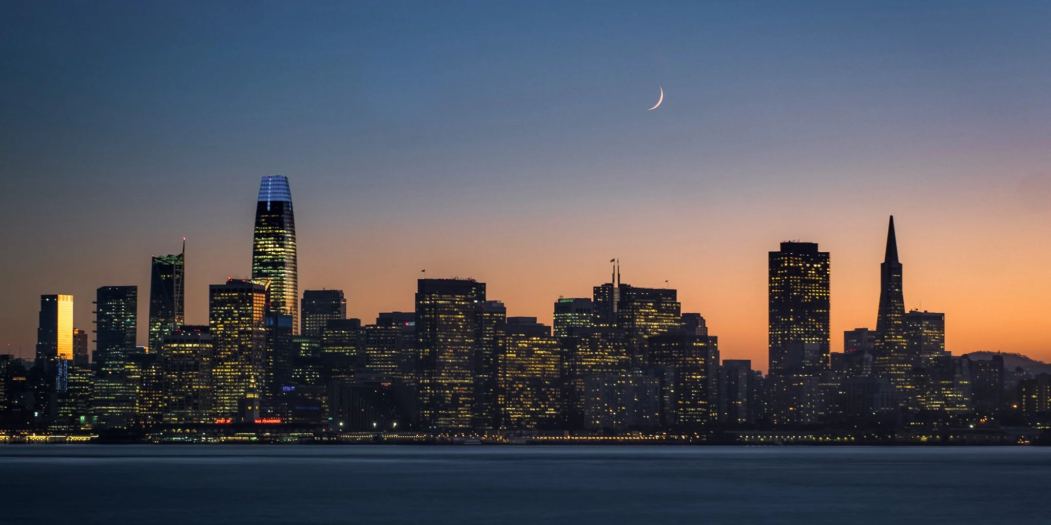 San Francisco Skyline and Crescent Moon at Twilight from Treasure Island
