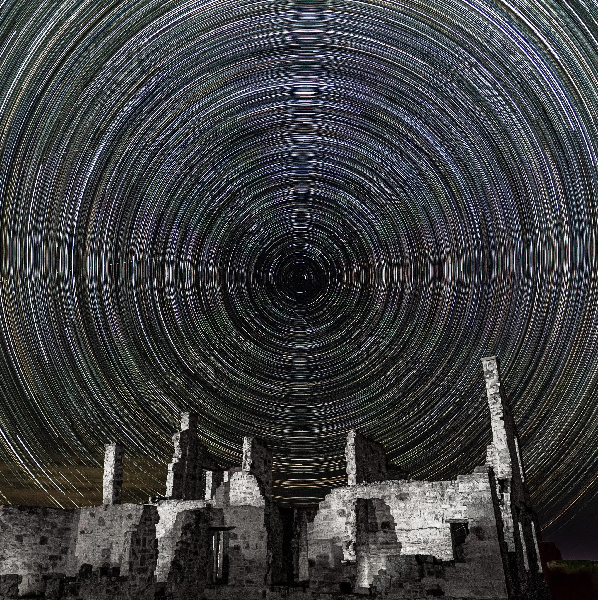 Photo of star train;s over the ruins of ft. Mckavett, Texas.