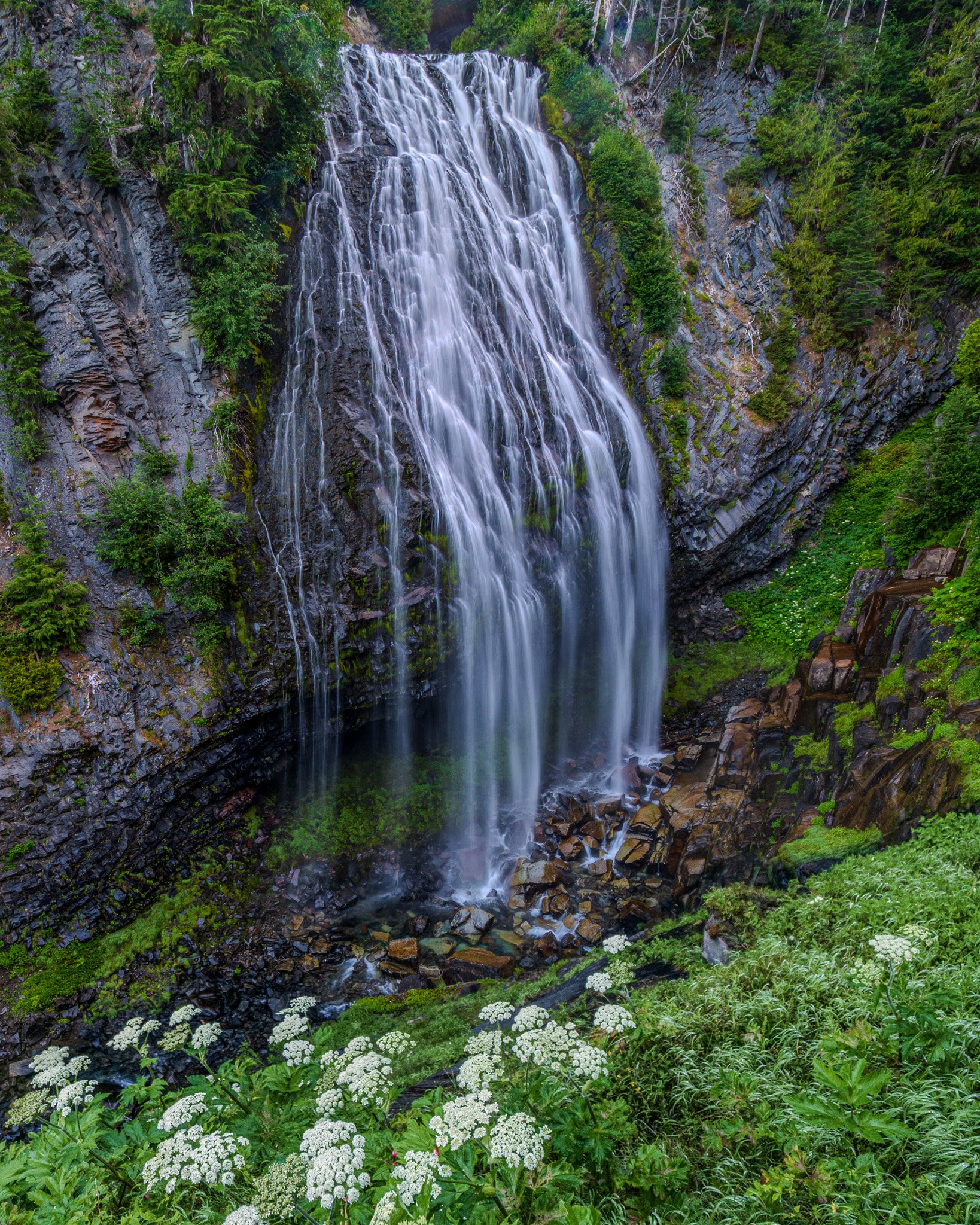 Photo of Marada falls in mt. rainier national park taken with long exposure and focus stacked so flowers in foreground are in focus as well as the waterfall.