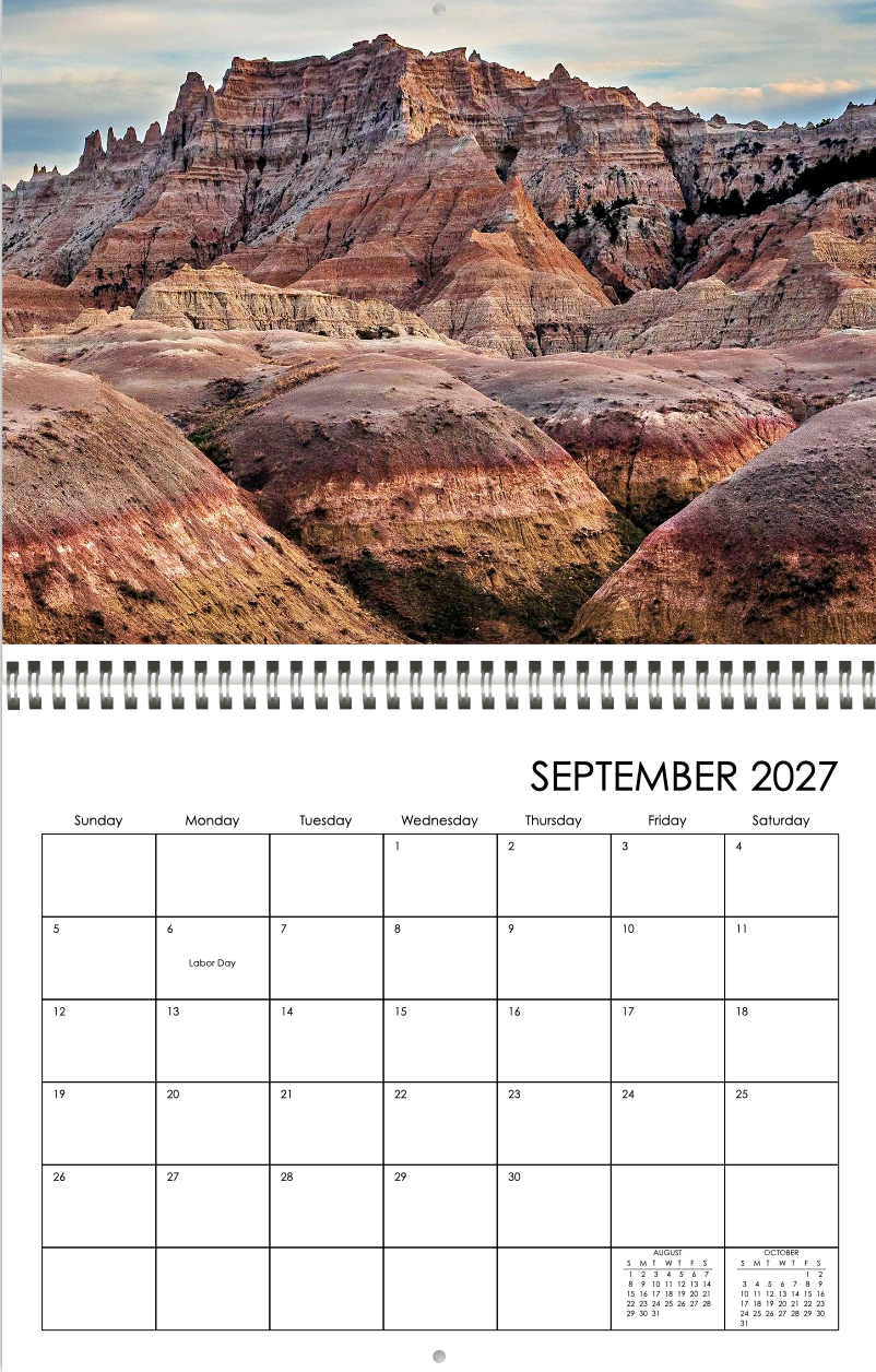 Sample month of the 2027 fine art landscape photography calendar.