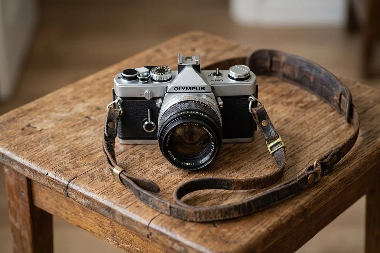Vintage Olympus 35mm film camera from the 1970's sitting on a small table with well worn leather camera strap attached.