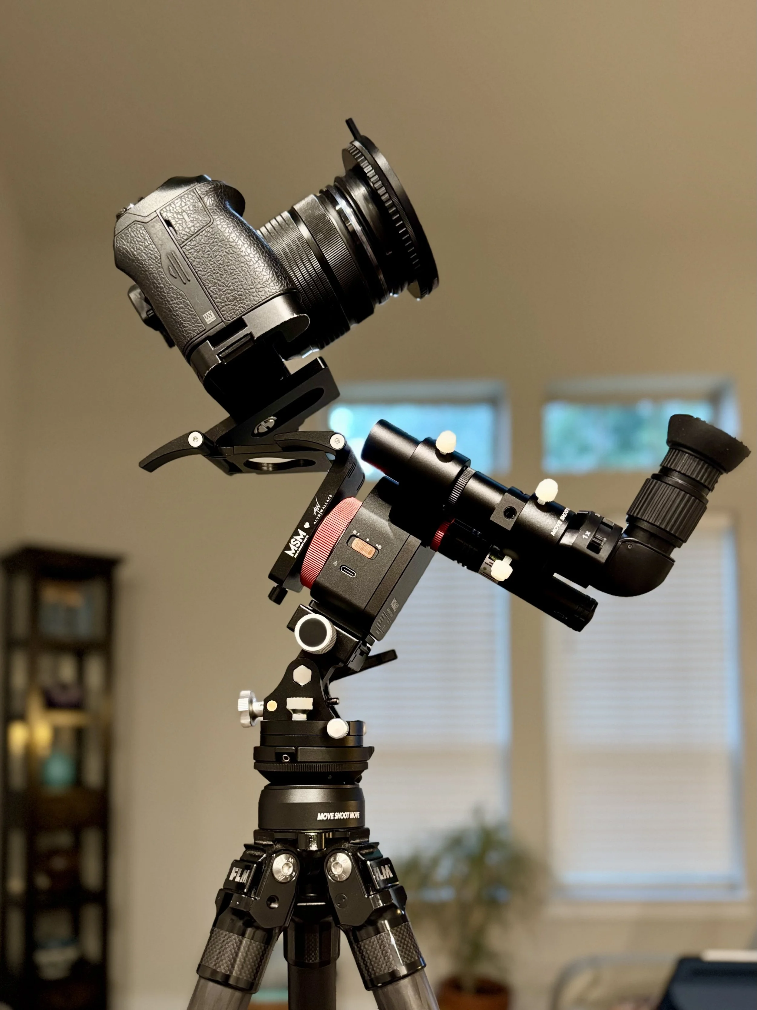 How to setup the move-shoot-move star tracker, with polar scope, on a tripod using a "Z" plate, and a wedge.