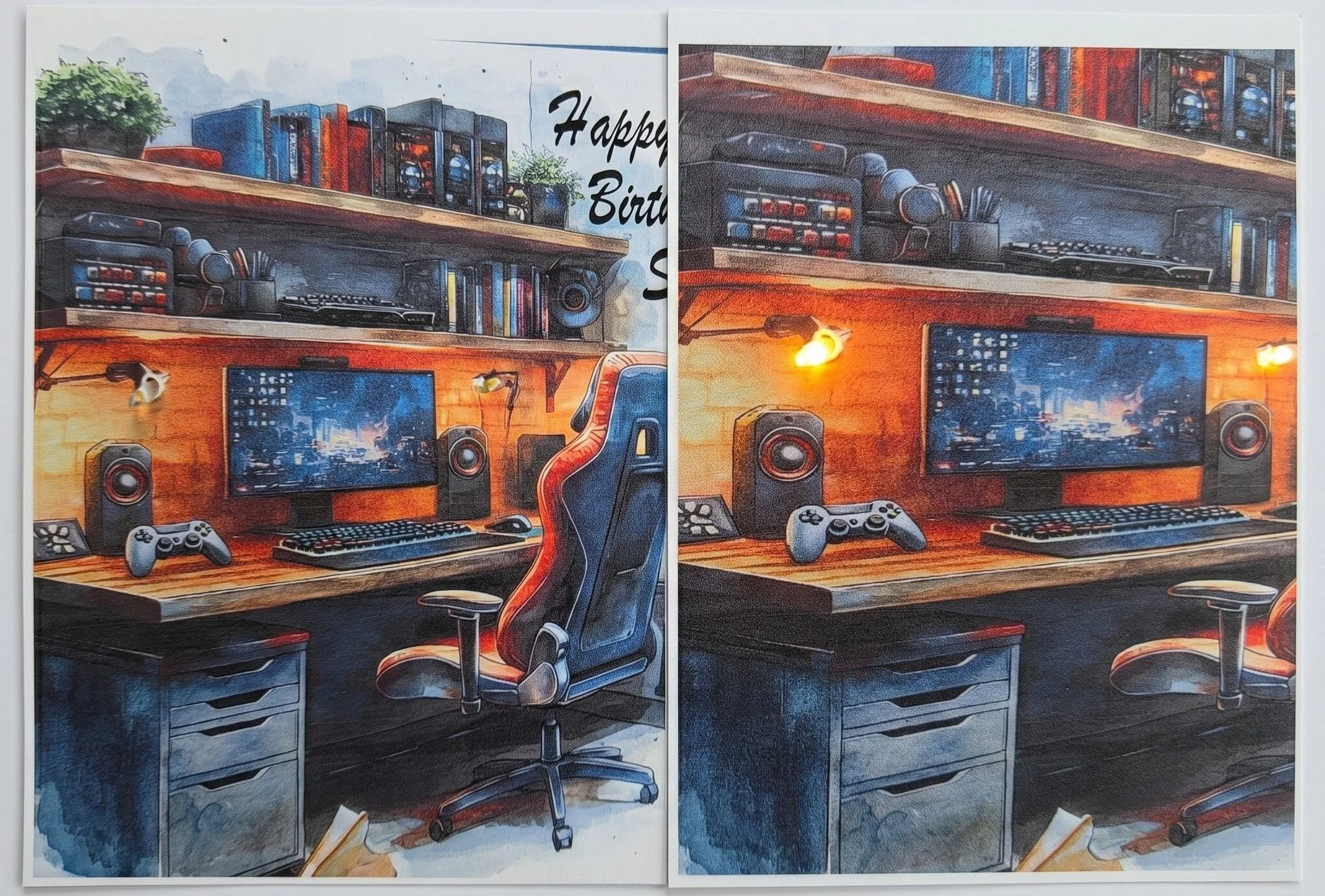 Side-by-side close-up details of the printed gamer illustration on a handmade card..jpg