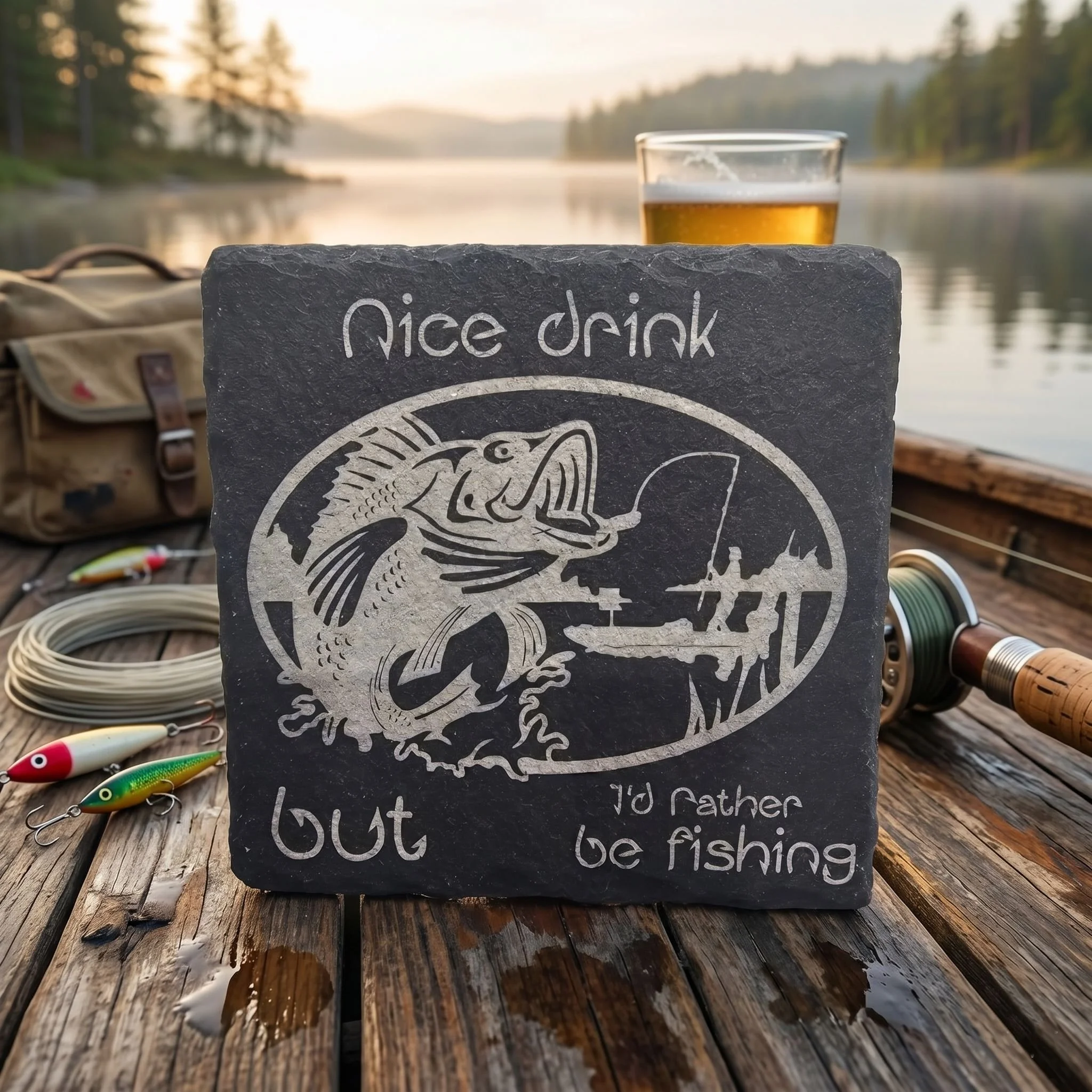 "Nice Drink" – Engraved Square Natural Slate Fishing Coaster