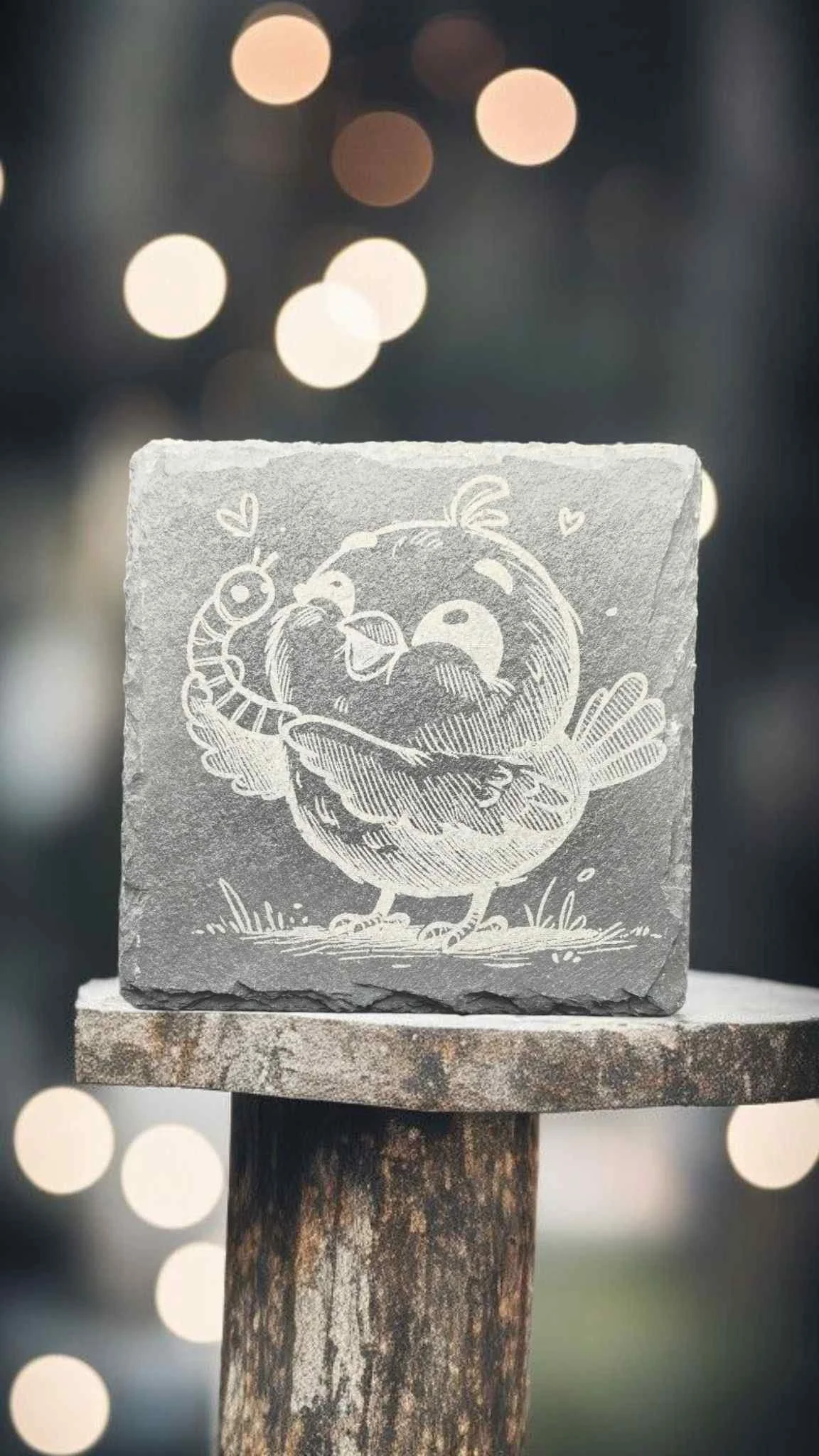 slate engraved coaster of a bird holding a worm uncoated