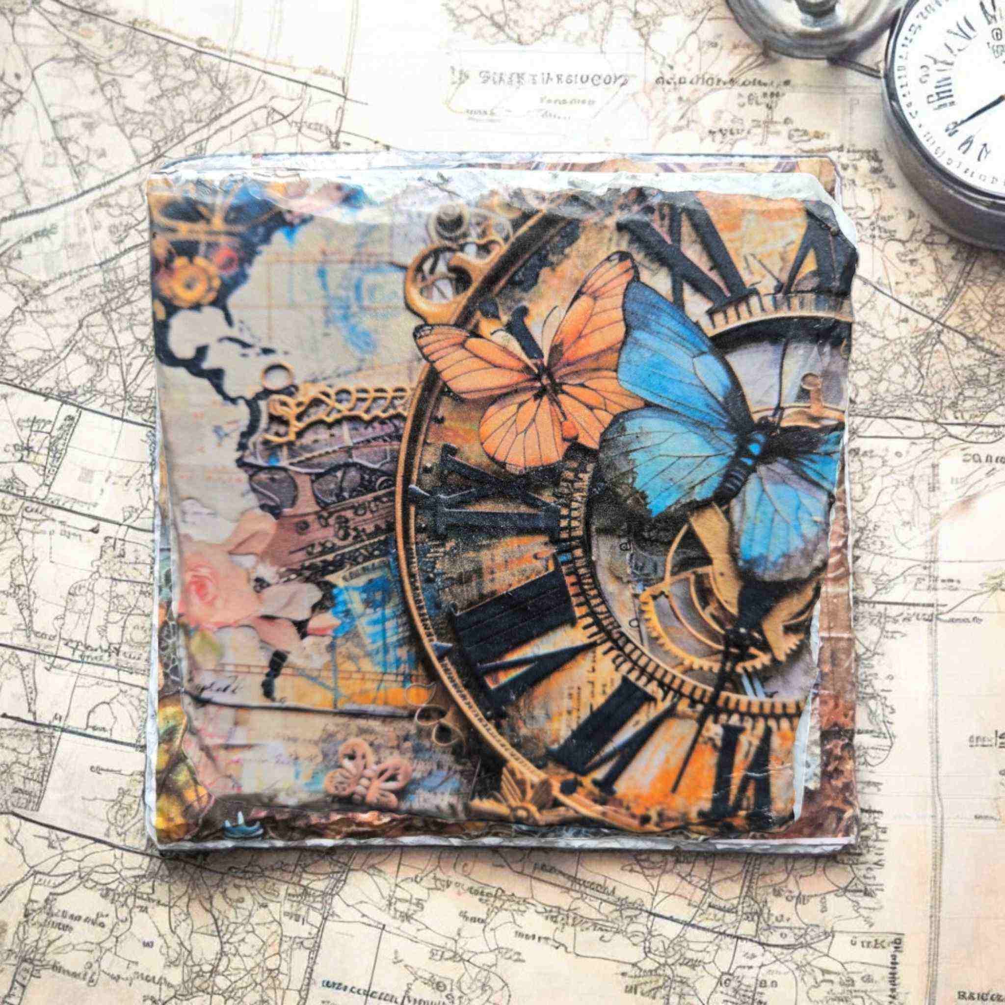 White Slate Coaster - Steam Punk Large Clock