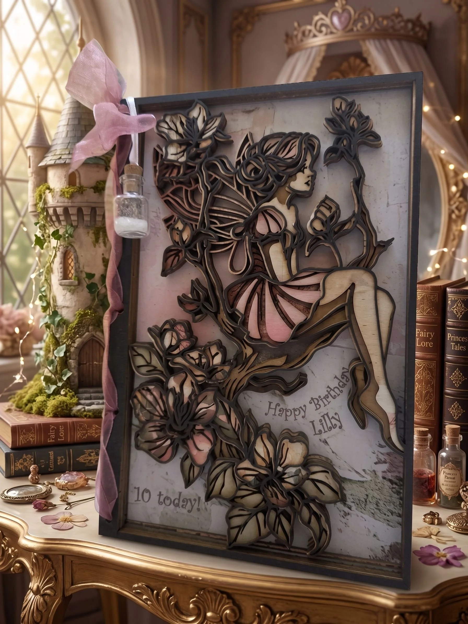 Personalised Lilly 3D fairy card with pink ribbon.jpg