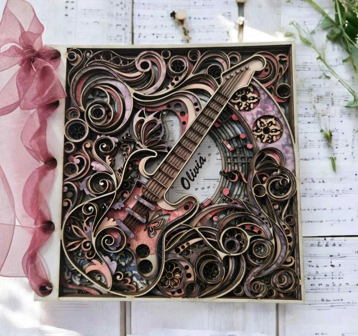 Personalised 8-Layer 3D Guitar Card – Pinks & Soft Tones – Handcrafted Mandala Music Art