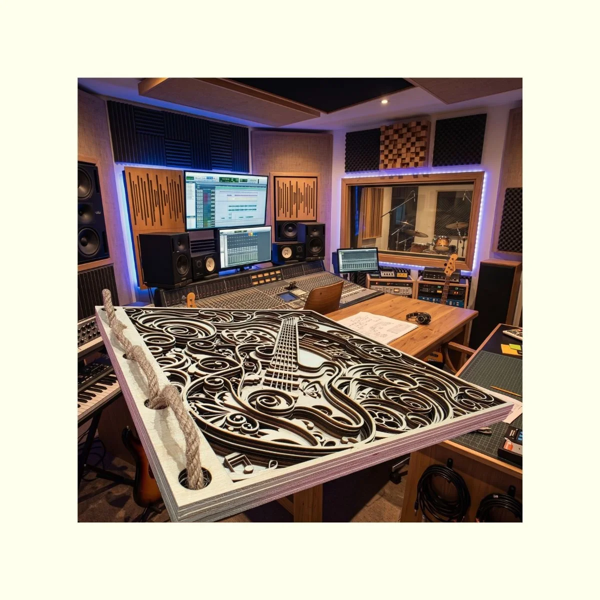 Detailed 3D laser-cut wooden guitar wall art featuring intricate filigree patterns..png