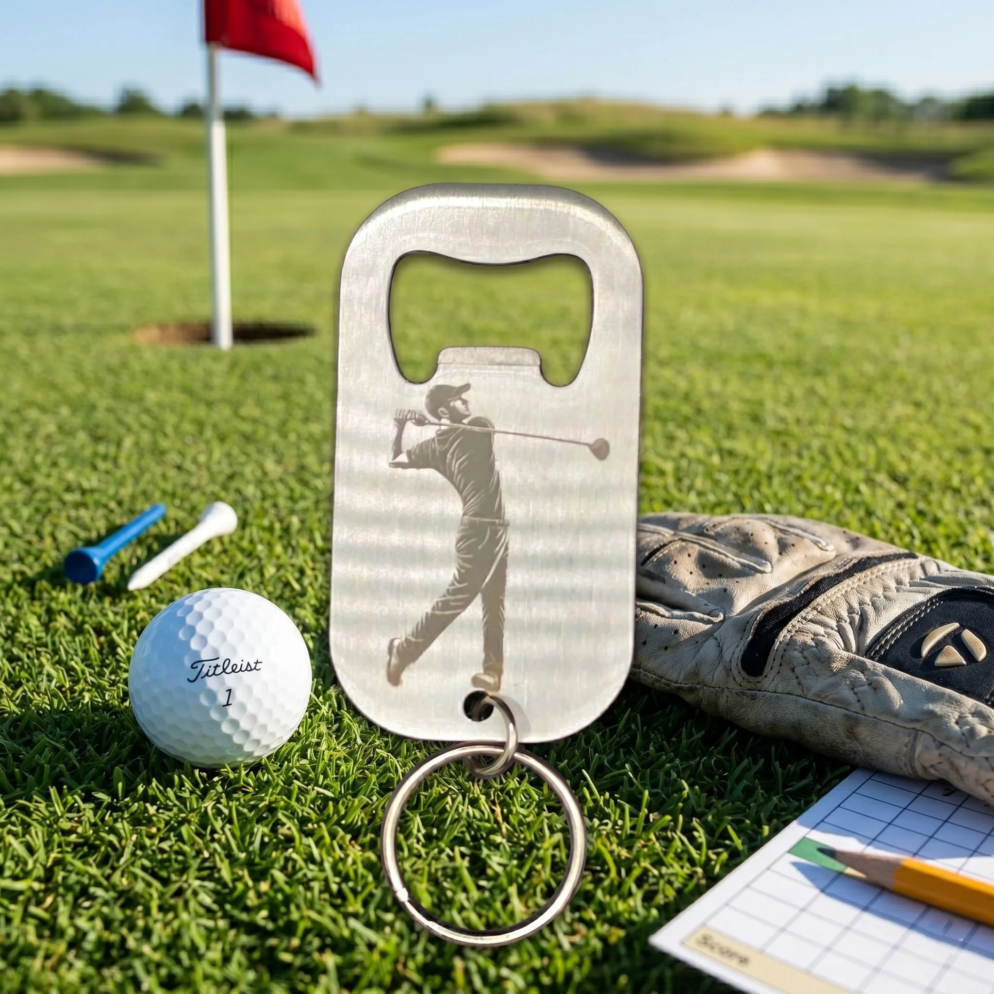 Double-sided golf bottle opener showing engraving on the back for society prizes. showing the black colour