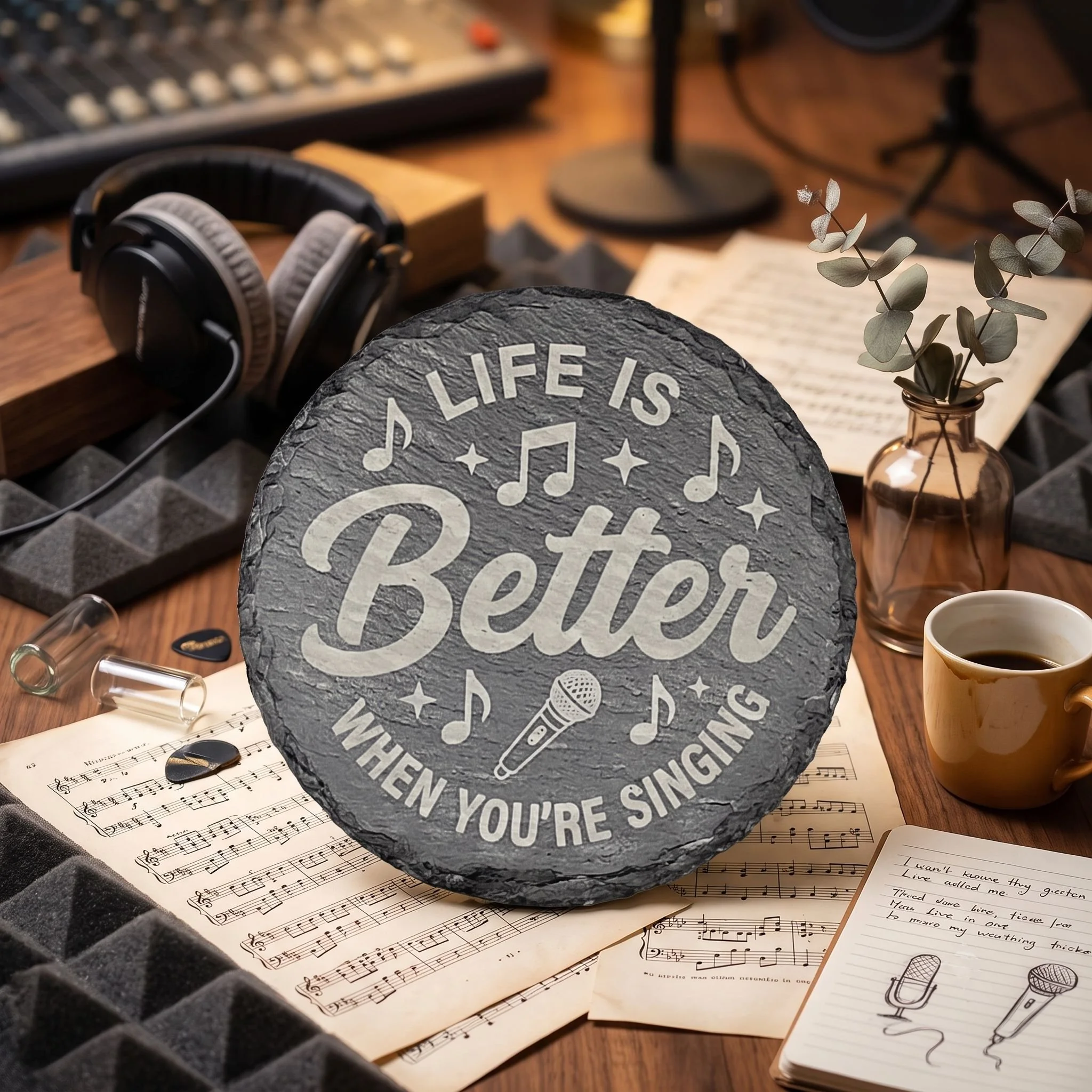 Music theme engraved slate coaster with sheet music