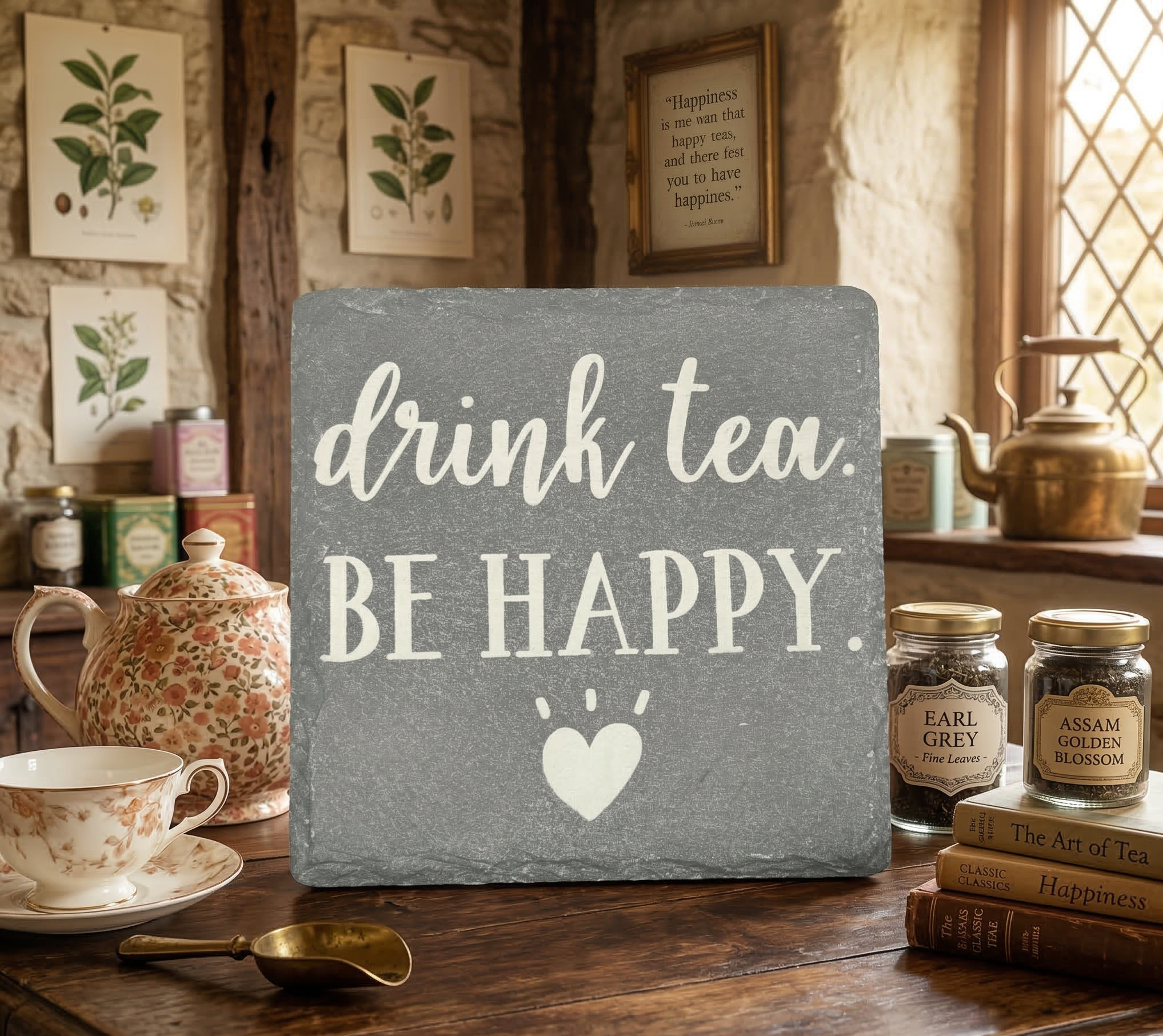 Square black slate coaster with permanent 'Be Happy' laser engraving..png