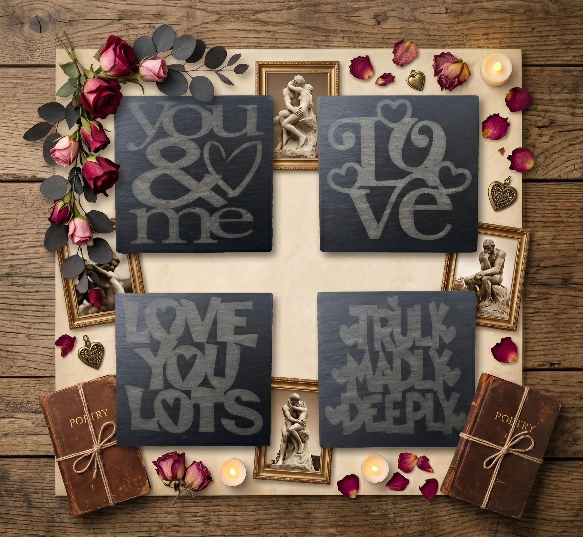 A romantic flat-lay collection on aged wood, featuring four square slate coasters with love-themed engravings, surrounded by roses, candles, antique poetry books, and miniature framed statues..png