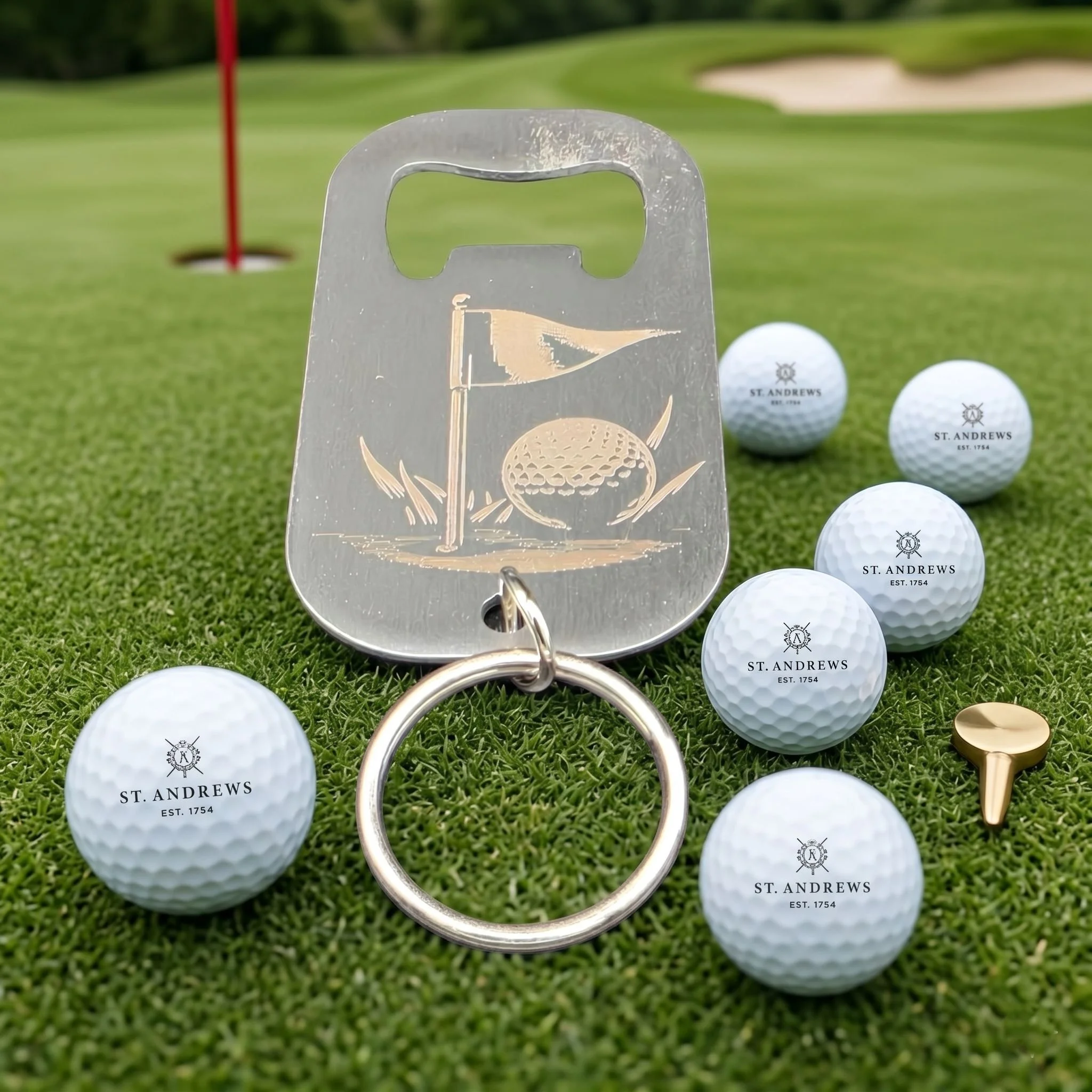 Double-sided golf bottle opener showing Nearest to the Pin engraving with bronze/cream colouring
