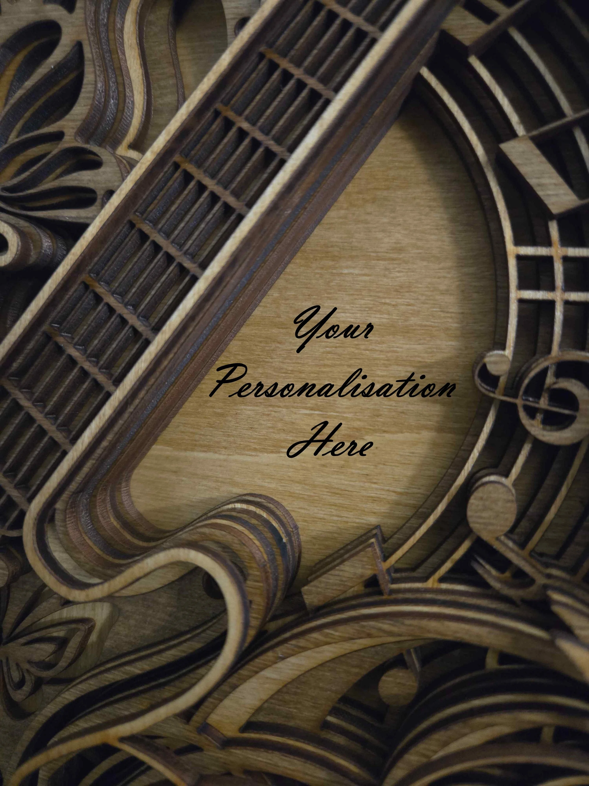 OEngraved wooden headstock tag on a 3D guitar plaque for personalised gifting.