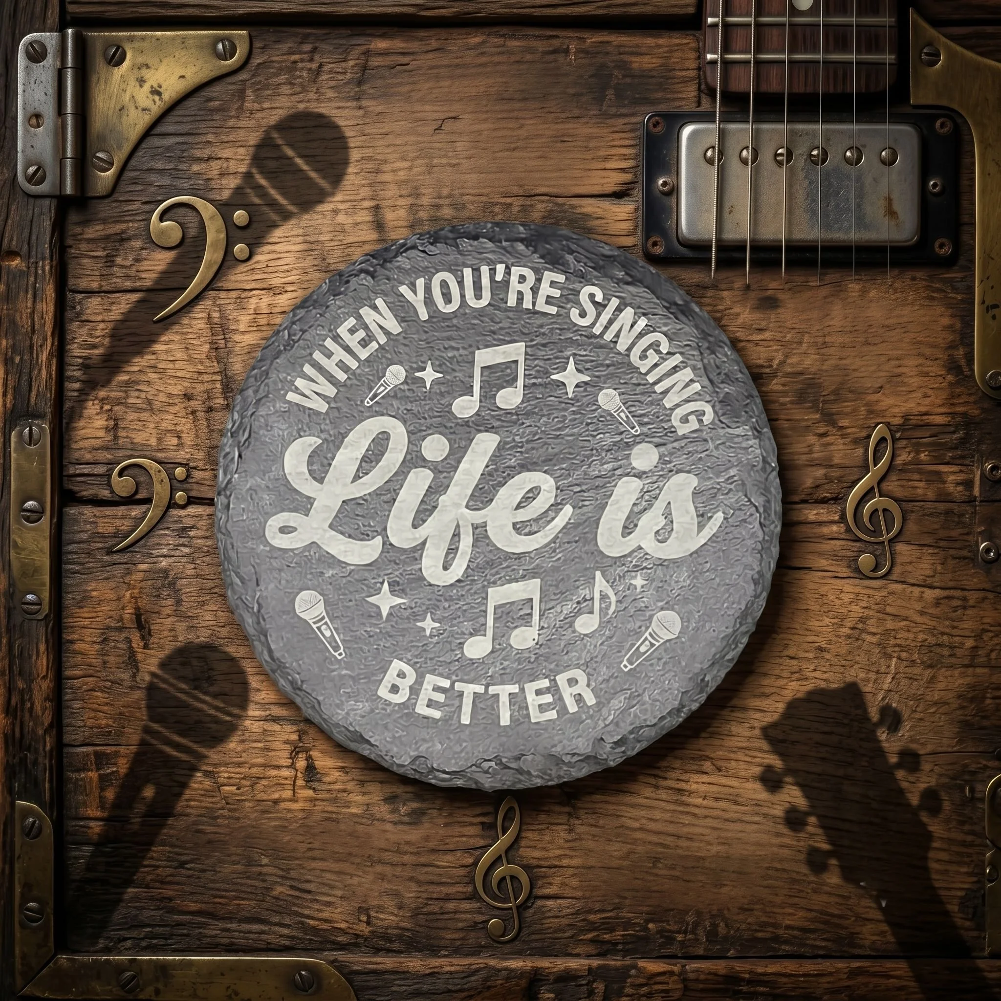 Laser engraved music slate coaster with guitar detail