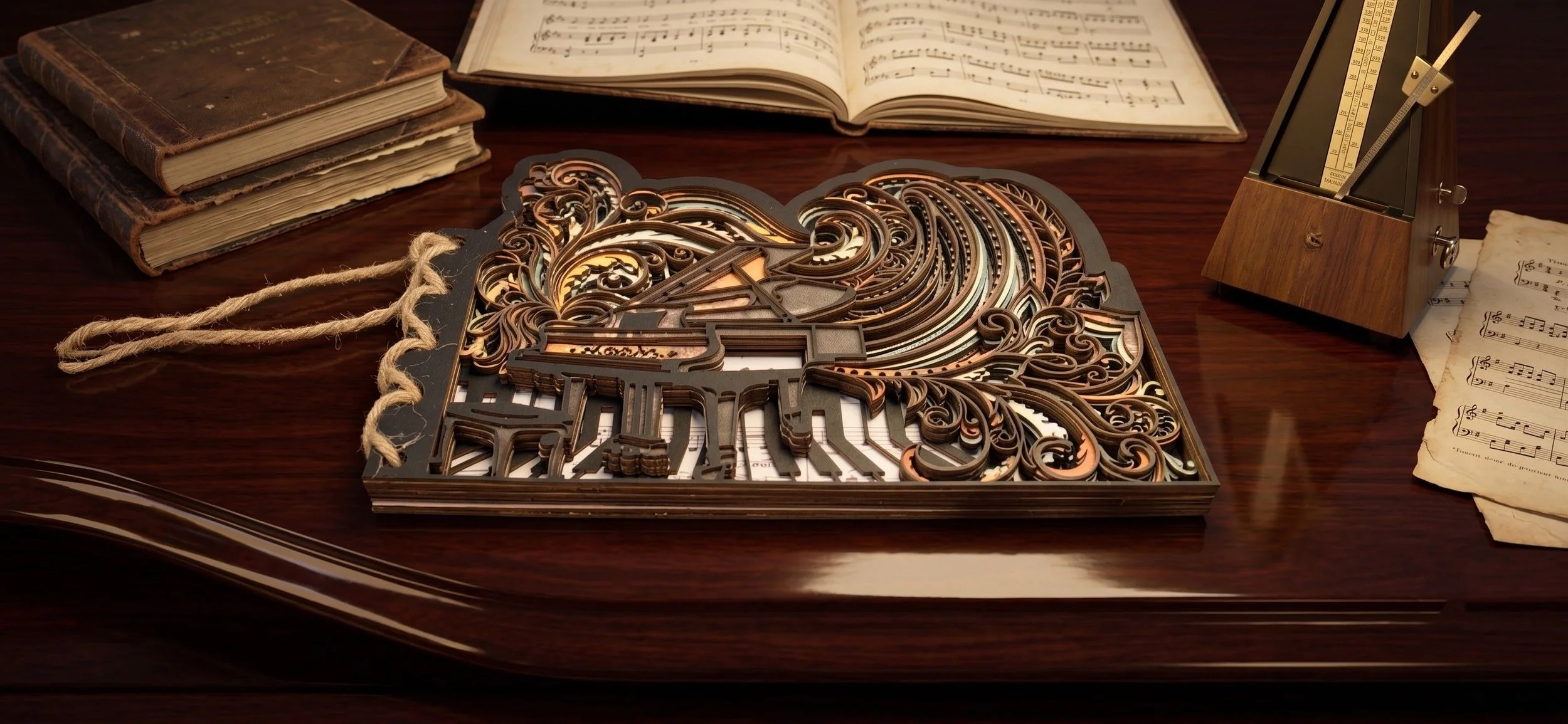 Close-up of layered piano artwork showing depth and detailed laser engraving on a rich mahogany surface..jpeg