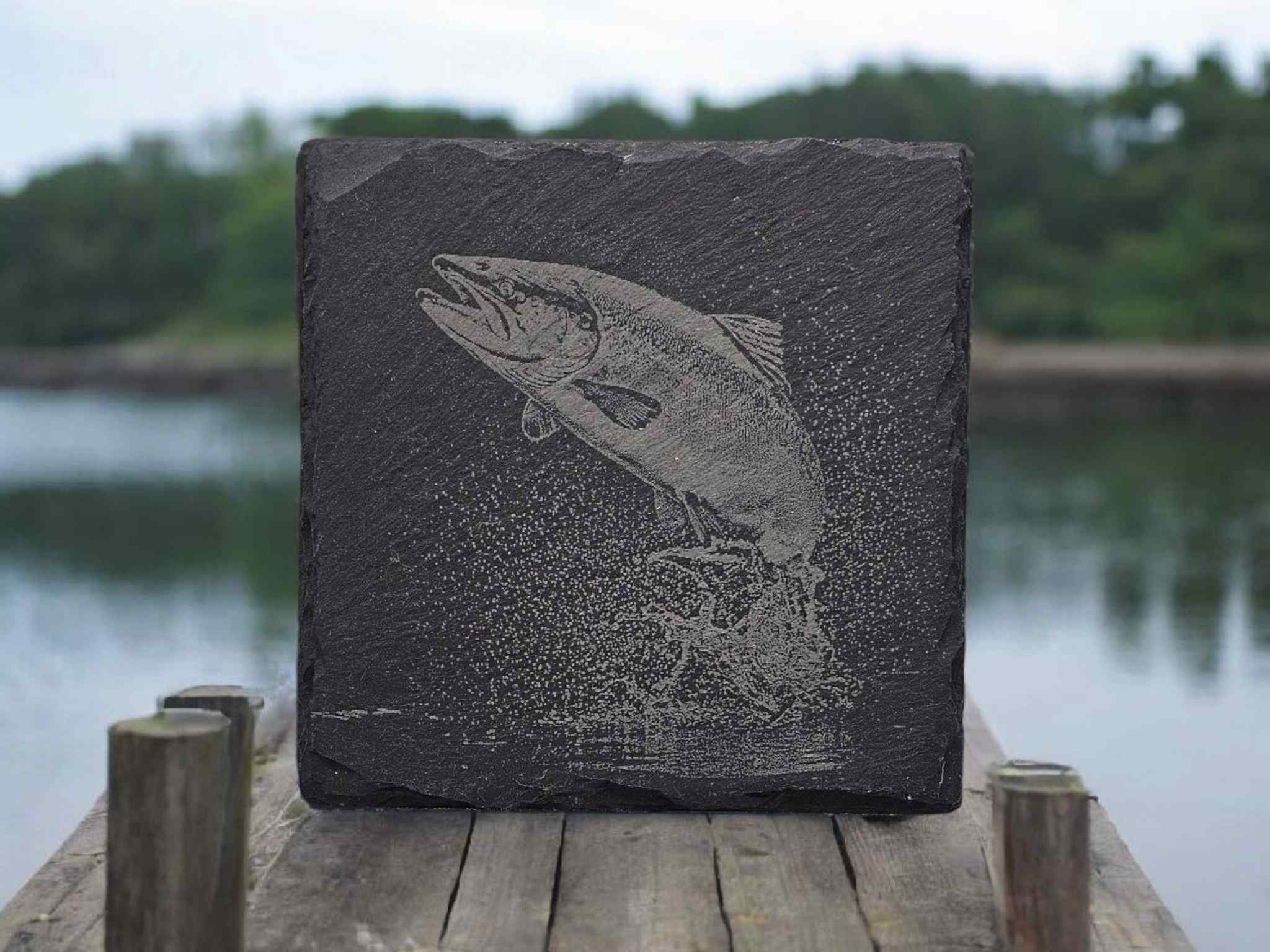 Engraved Slate Coaster - Salmon Jumping out of Lake