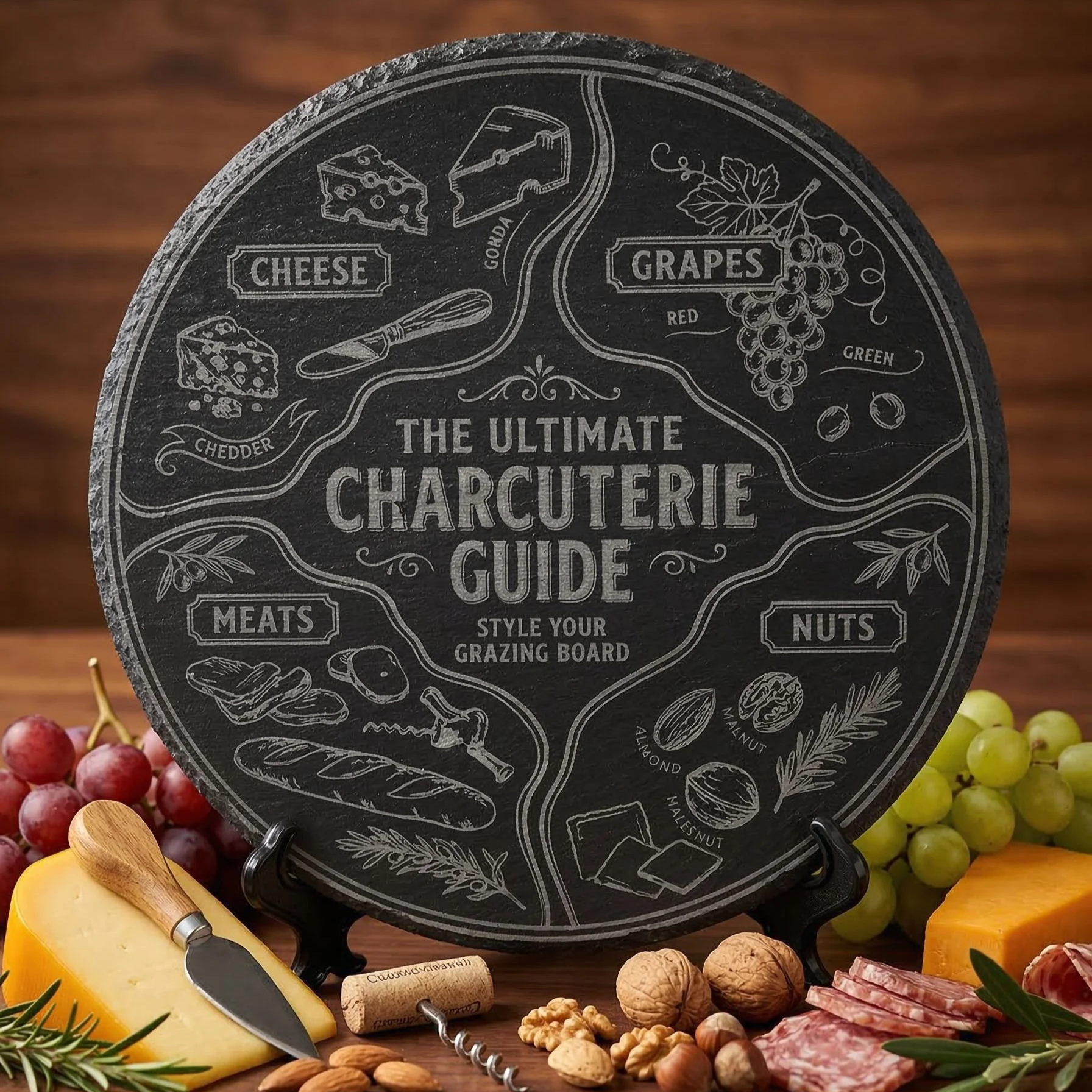 The+Ultimate+Charcuterie+Guide+laser-engraved+on+a+large+circular+natural+slate+on+its+stand+surrounded+by+meat+cheese+and+nuts.png