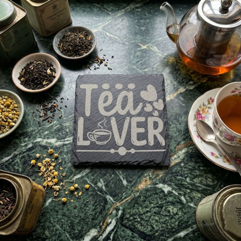 A flat-lay photo of a square dark grey slate coaster with a bold white Tea Lover engraving,.jpeg