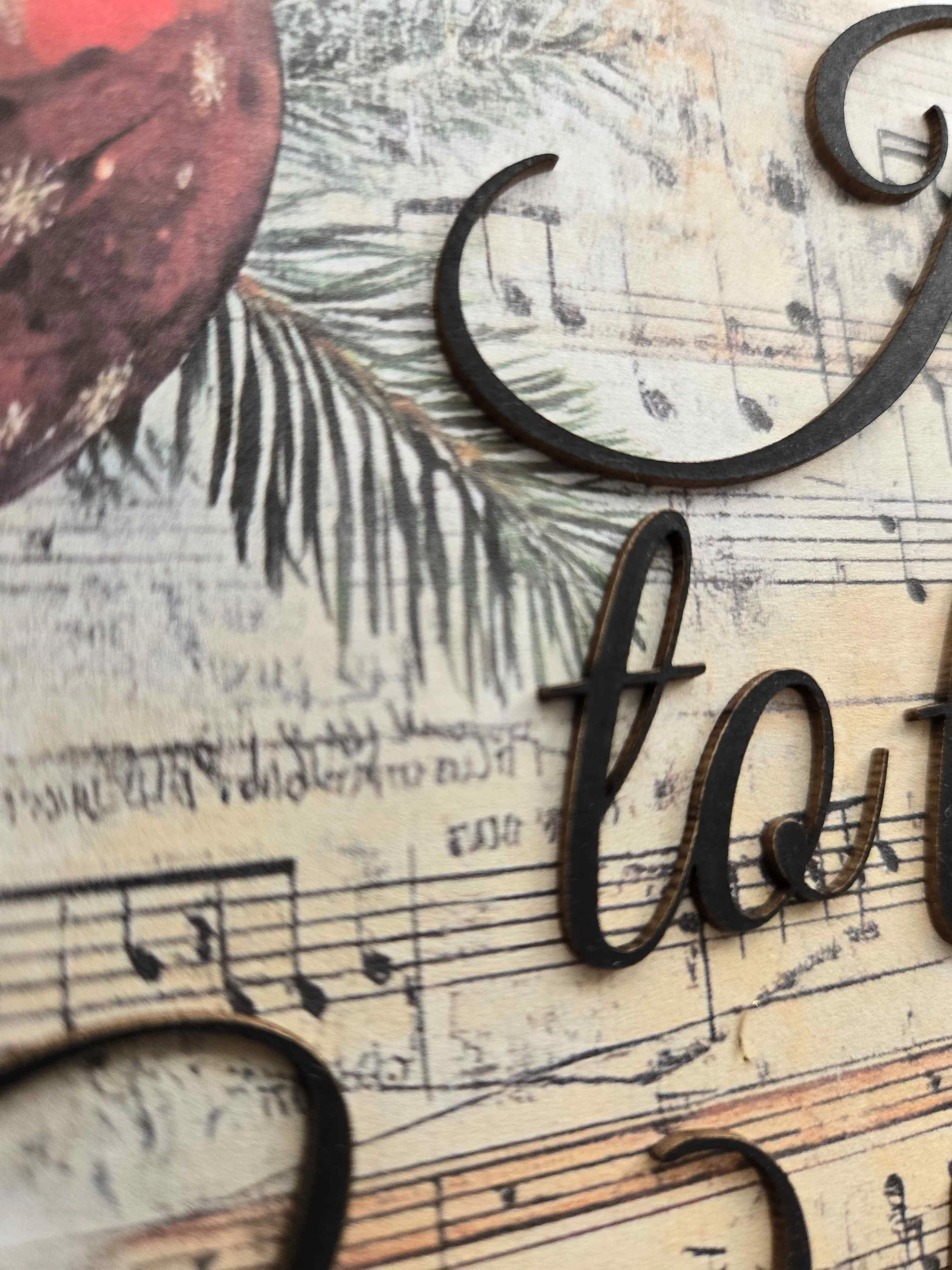 Christmas Rectangle Wooden Plaque - Joy to the World Baubles close up