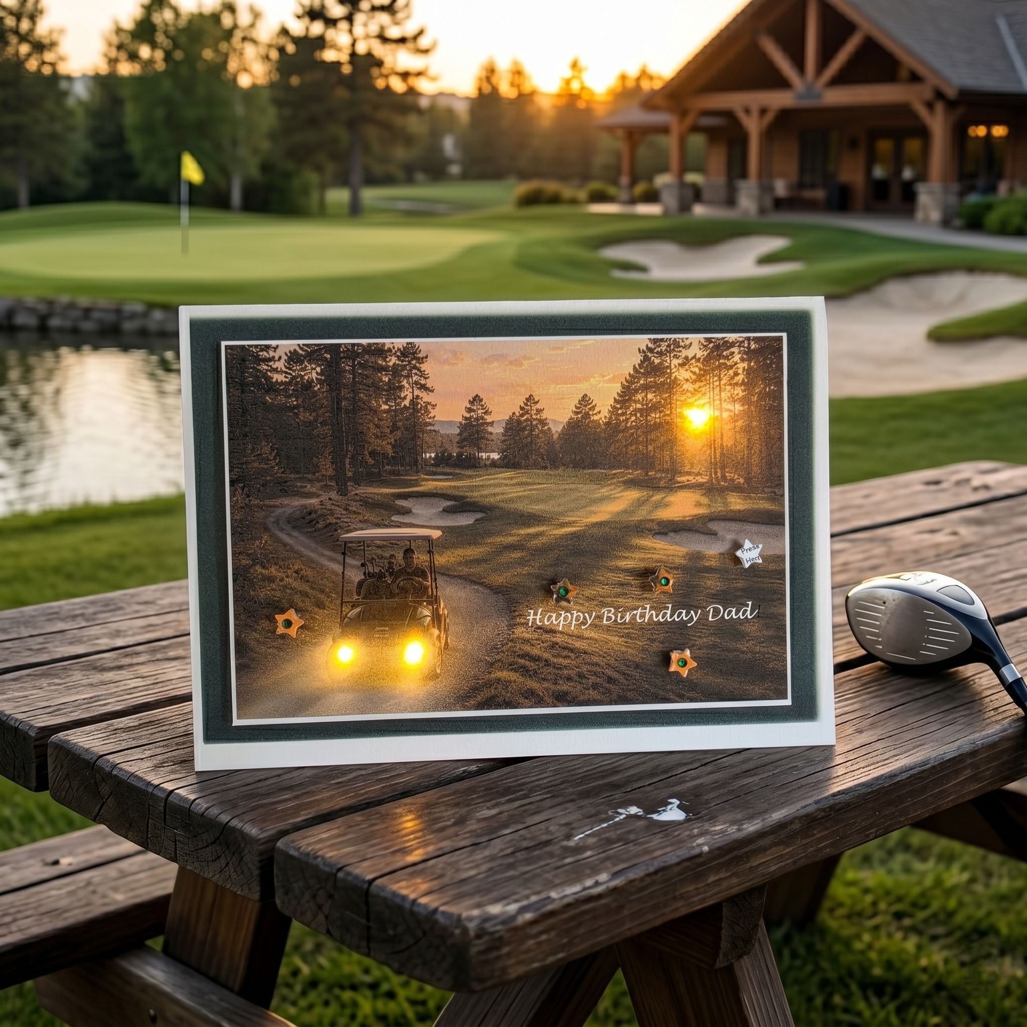 Light-up golf birthday card for Dad on an outdoor wooden table with a golf course background..png