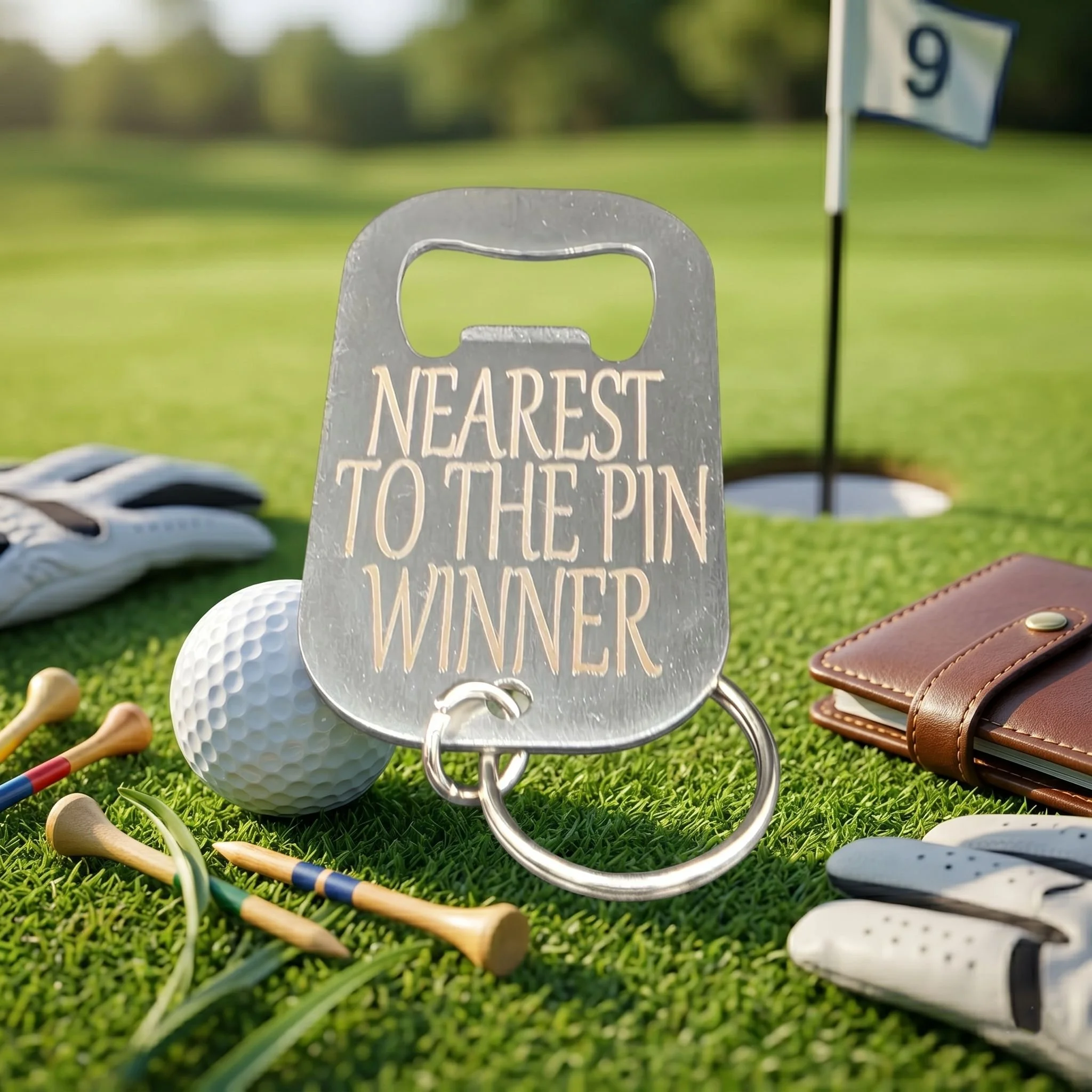 Nearest to the Pin Winner engraved stainless steel golf bottle opener prize. Showing bronze/cream text