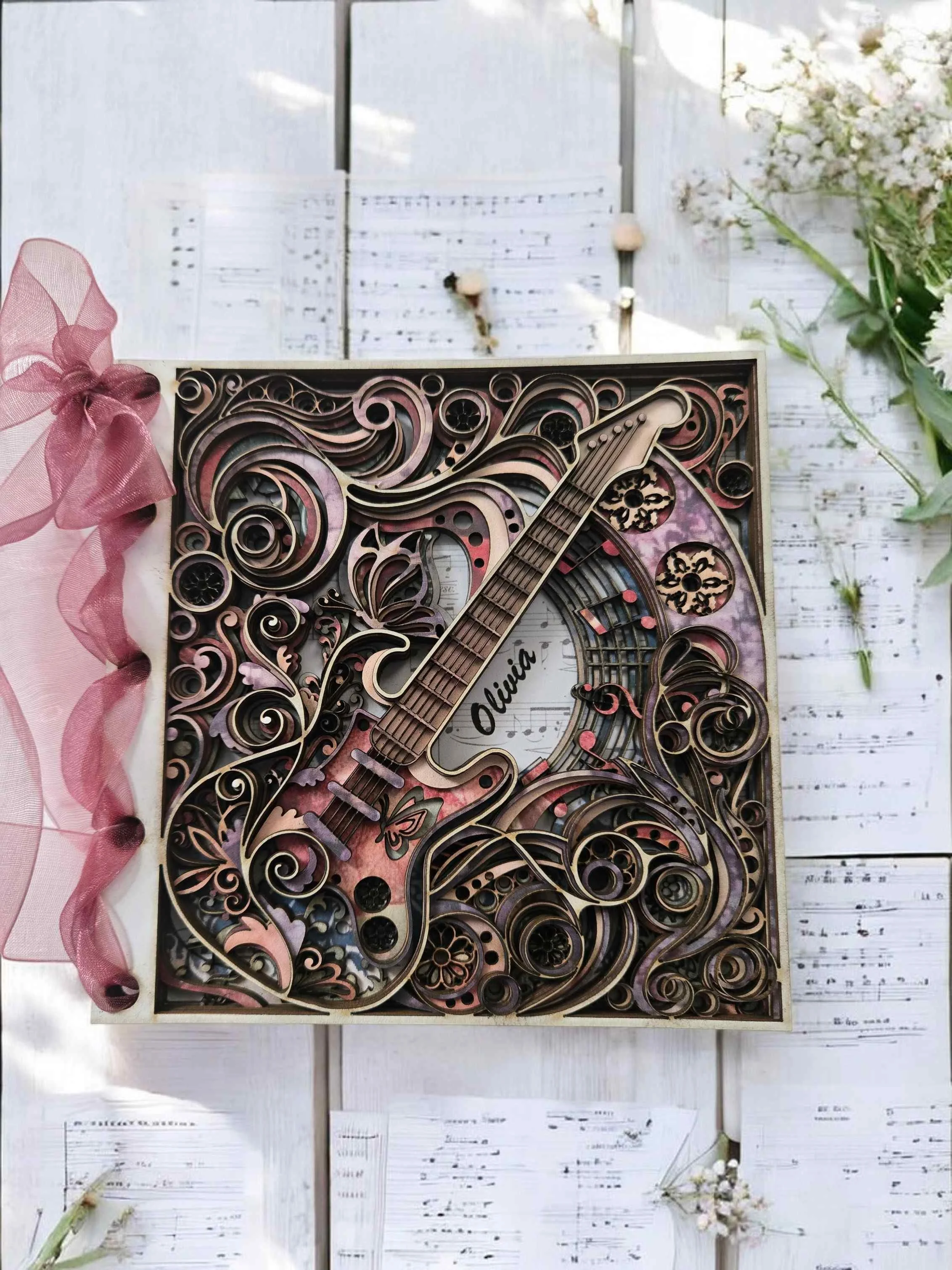 Personalised 8-layer 3D pink guitar card with swirling mandala design and Ribbon