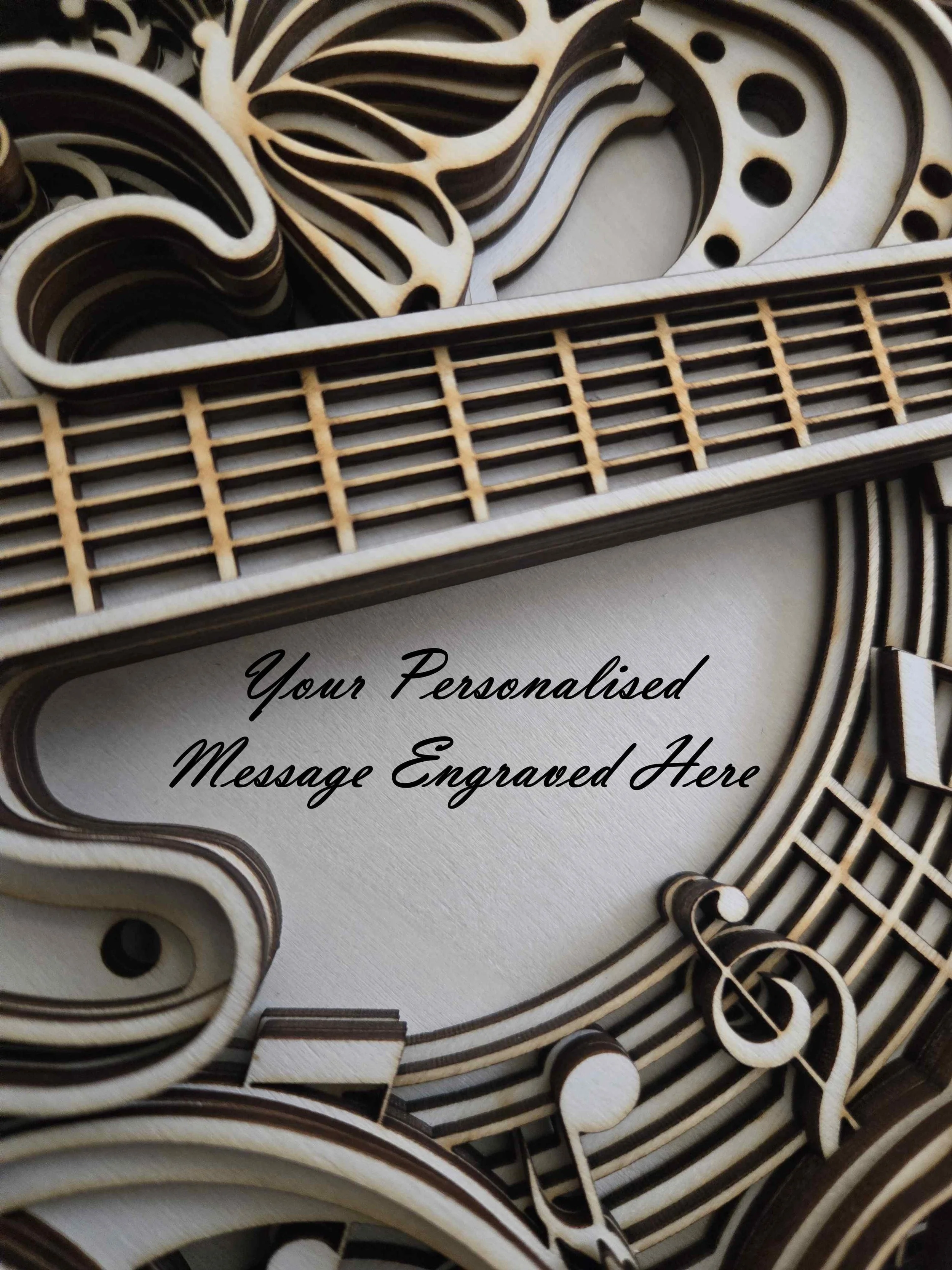 Custom engraved wooden gift tag for scented guitar plaque, showing personalised name and artisan string detail
