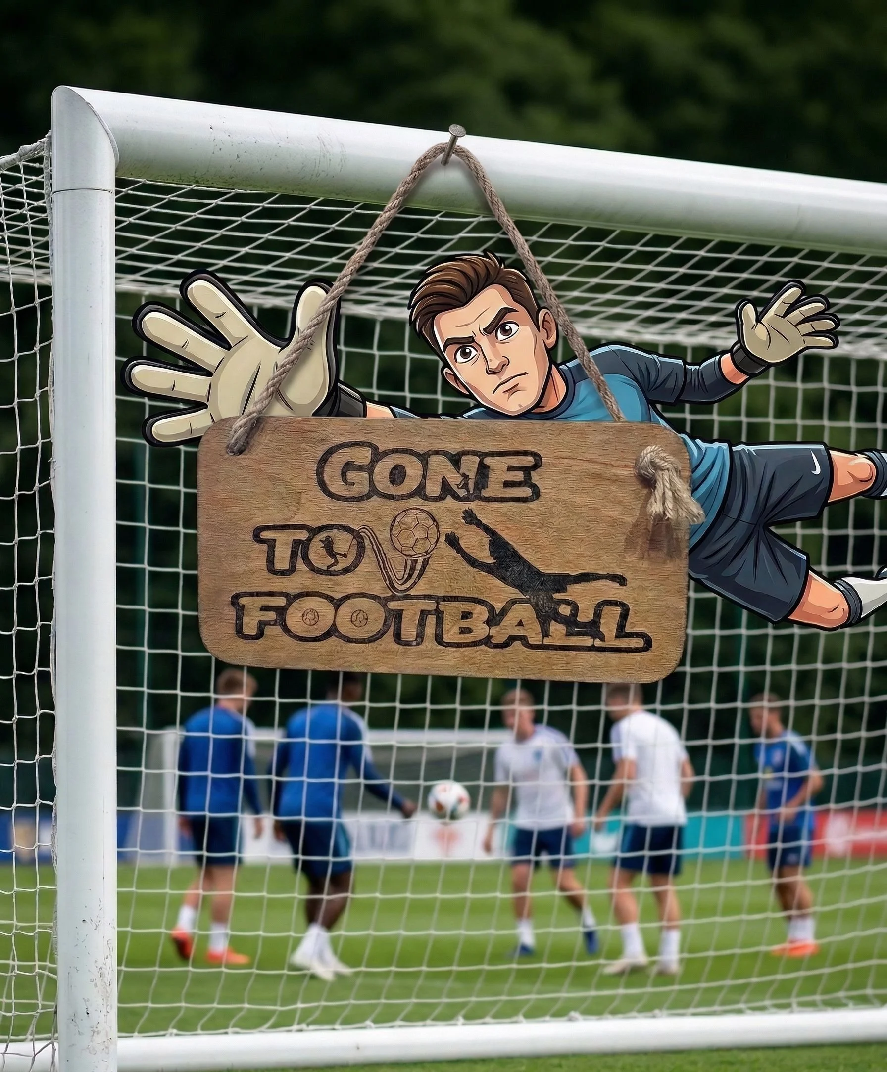 a football goal net looking out onto a practice pitch. A rustic wooden sign that reads GONE TO FOOTBALL is hanging by a twine rope from the top crossbar.png
