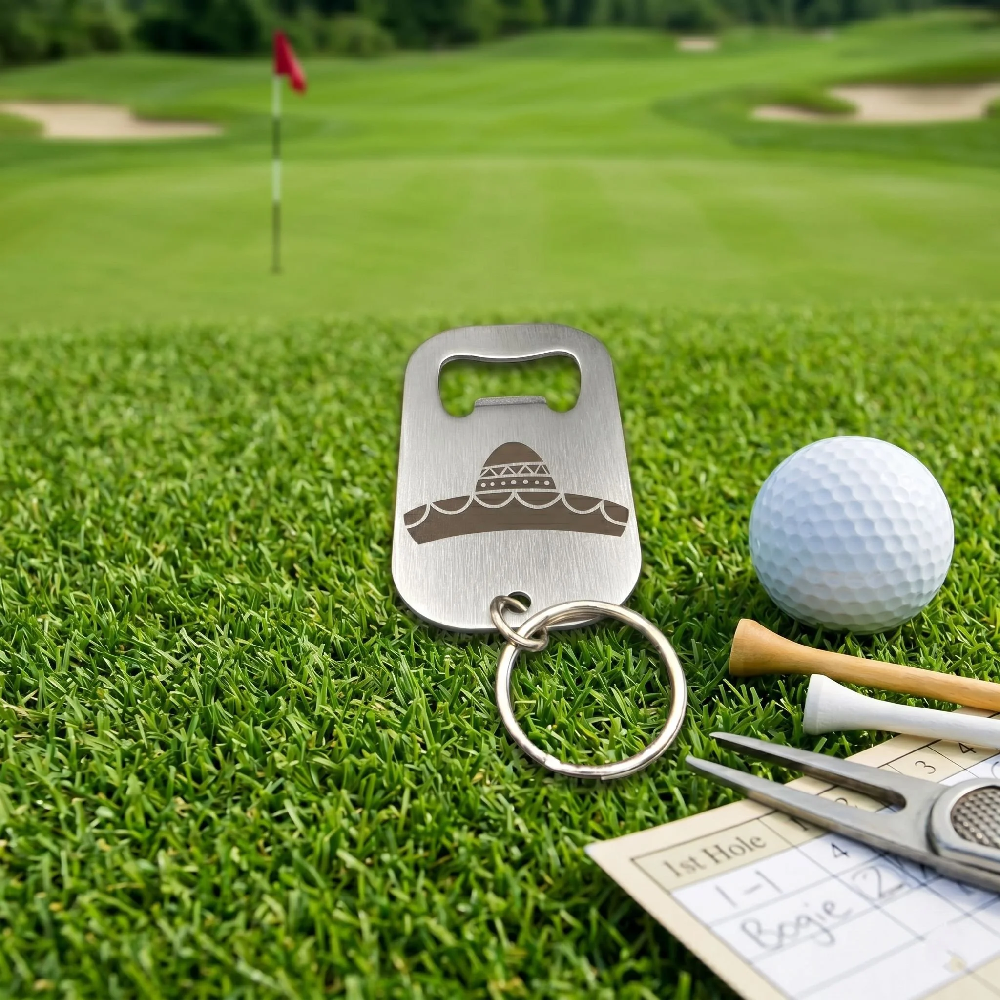 Golf bottle opener gift for society days showing a sombrero in black colouring