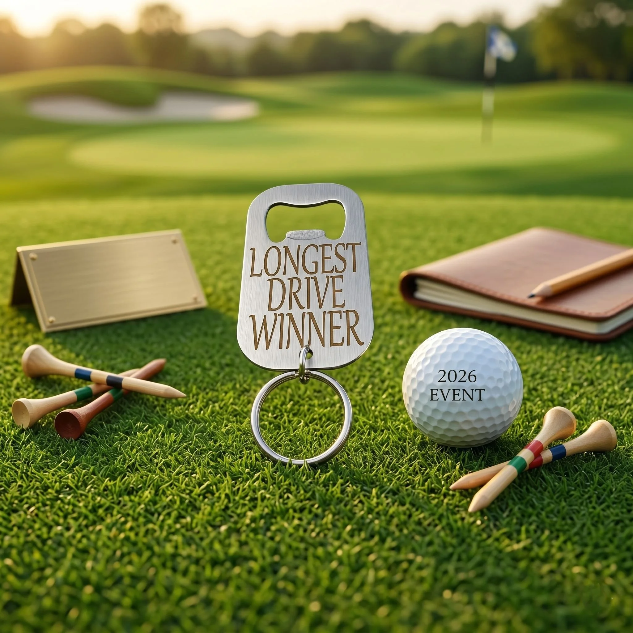 Longest Drive Winner engraved stainless steel golf bottle opener front view. showing bronze/cream text