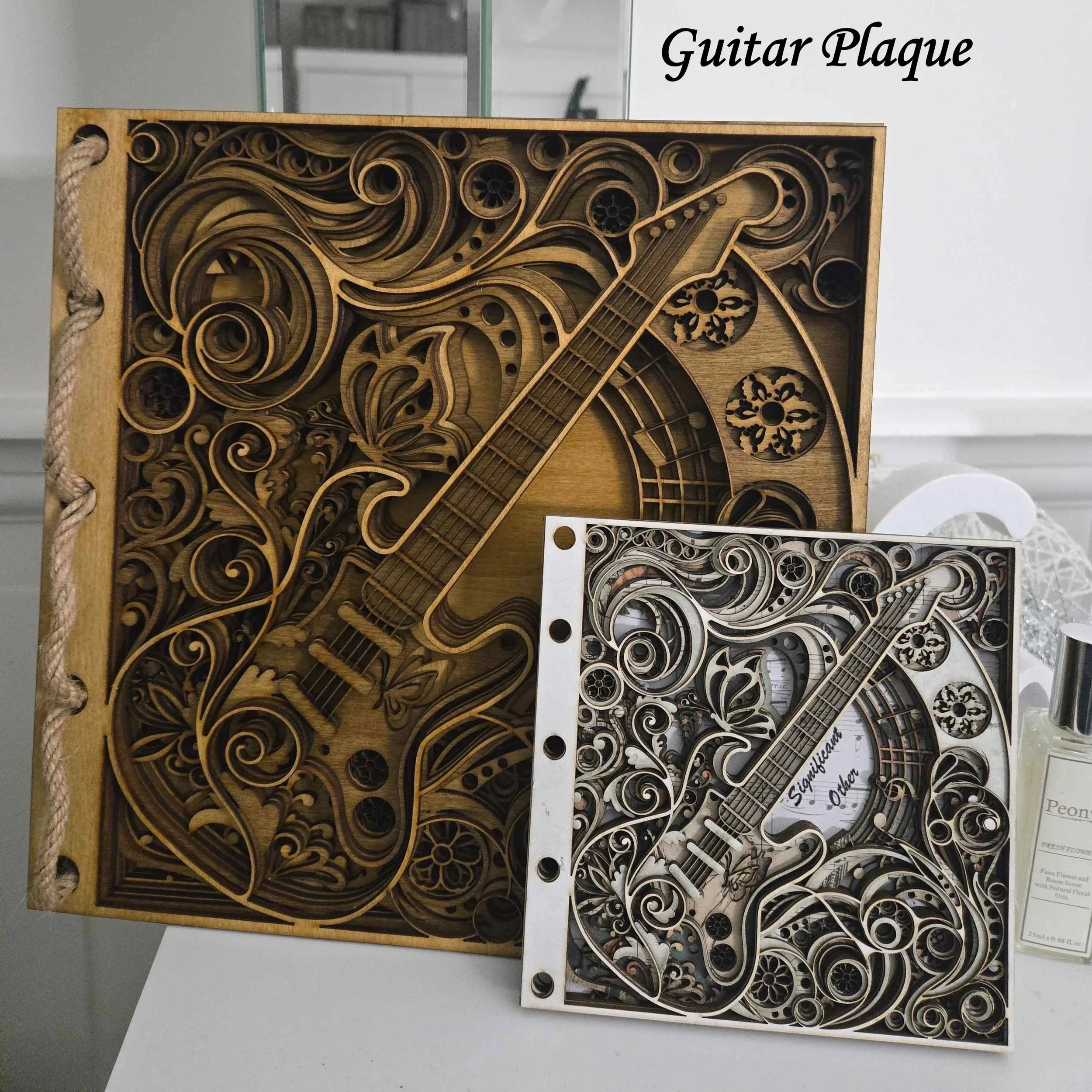 Large 3D wooden guitar plaque comparison—made for UK music enthusiasts.