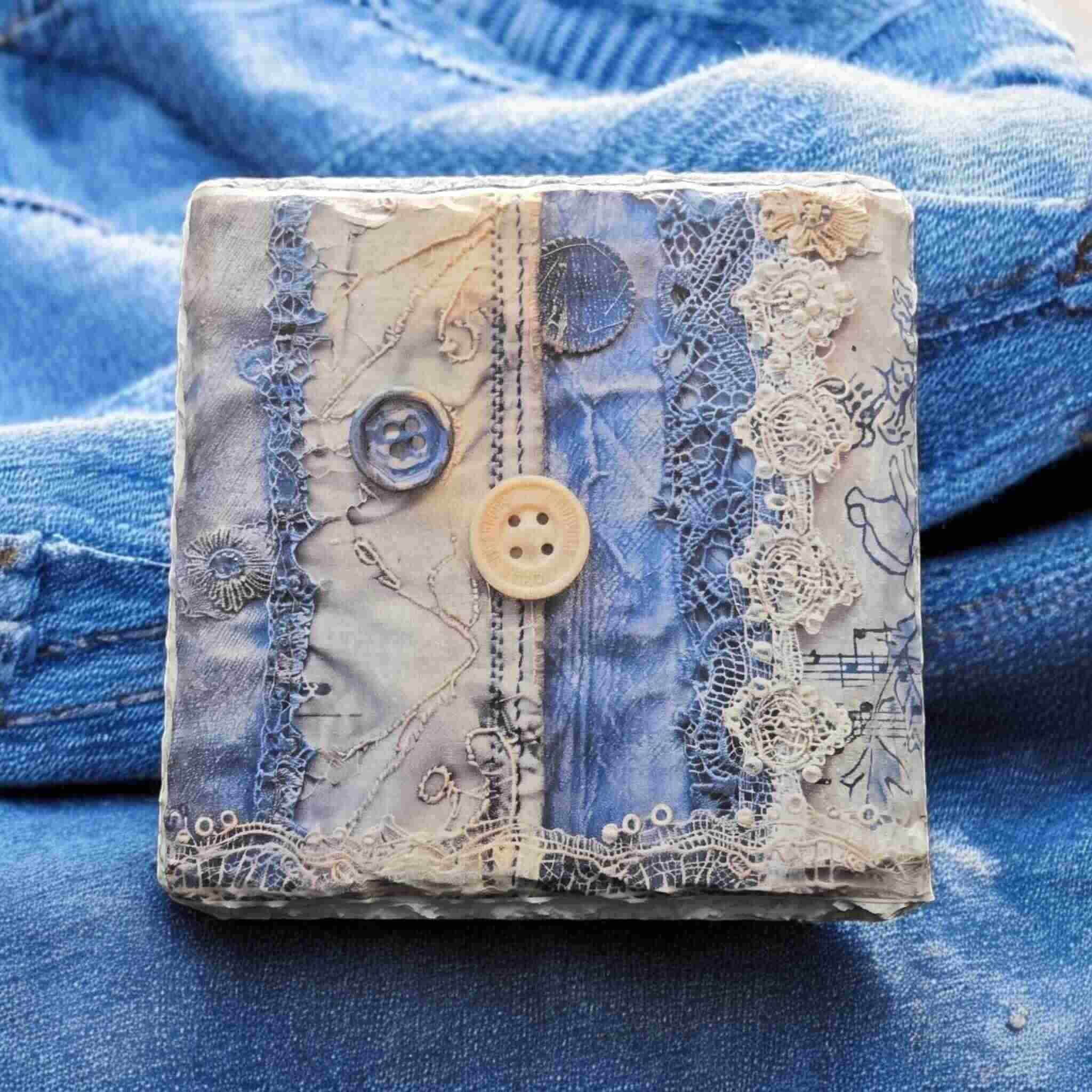 White Slate Coaster - Jean Lace with Buttons
