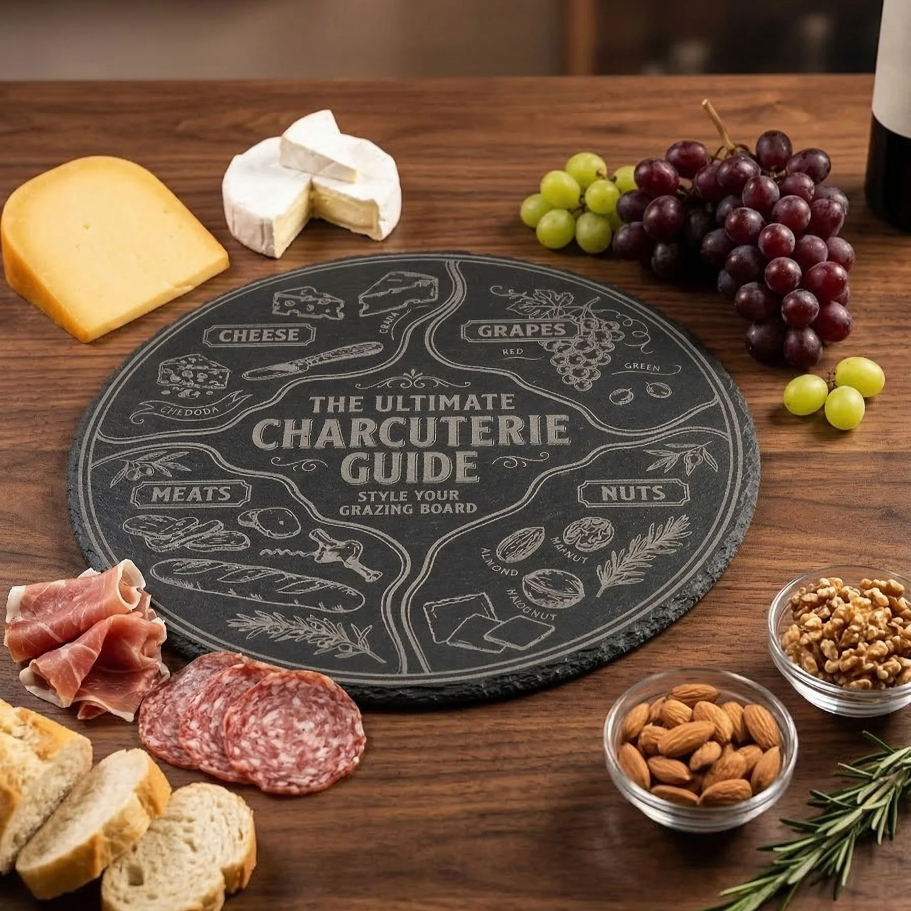 The+Ultimate+Charcuterie+Guide+laser-engraved+on+a+large+circular+natural+slate+lying+flat+surrounded+by+food.png