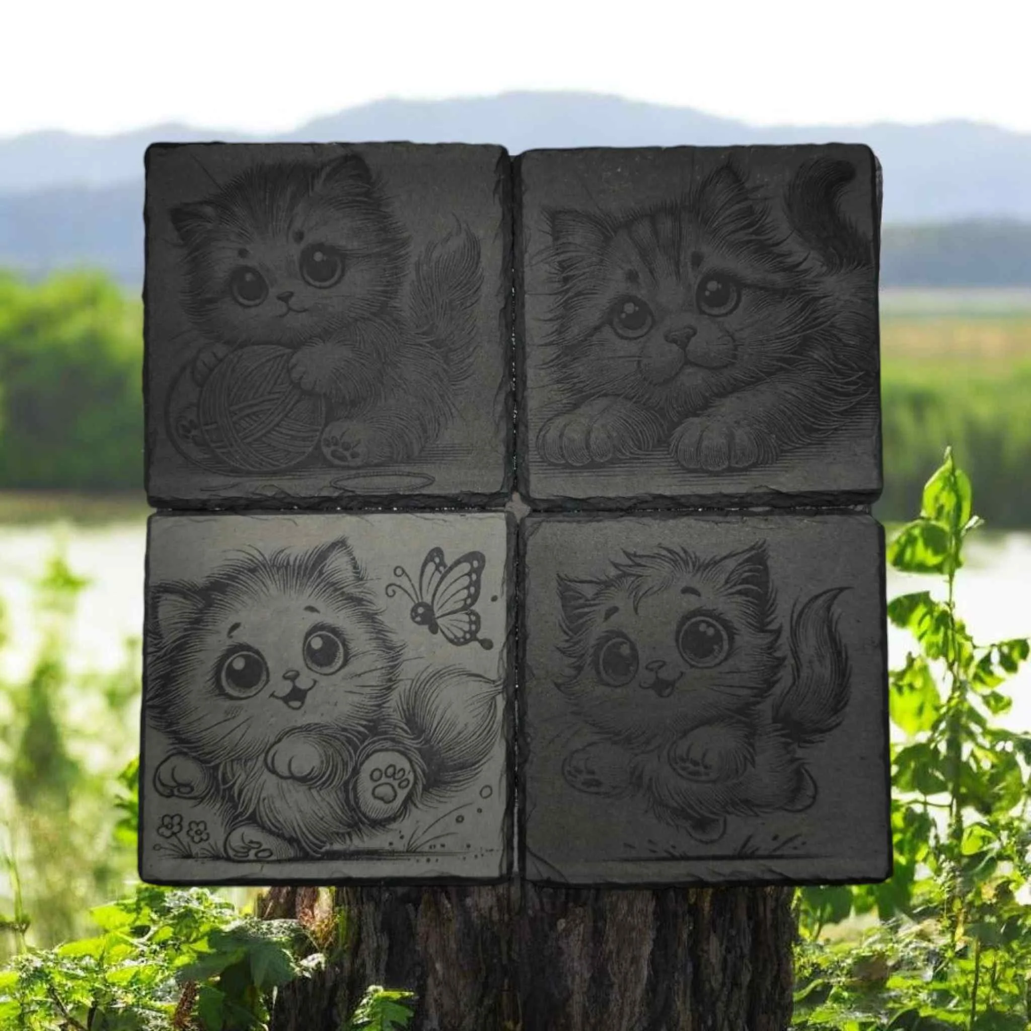 Fully Engraved Slate Coaster - Cute Cat set of 4