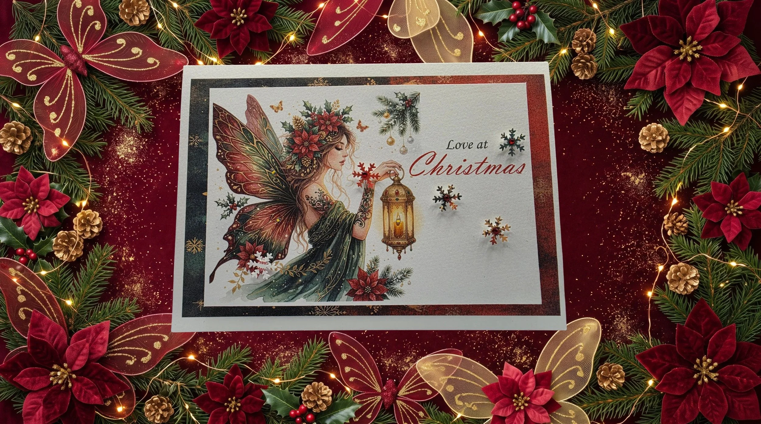 Christmas fairy card with lantern on festive red background.png