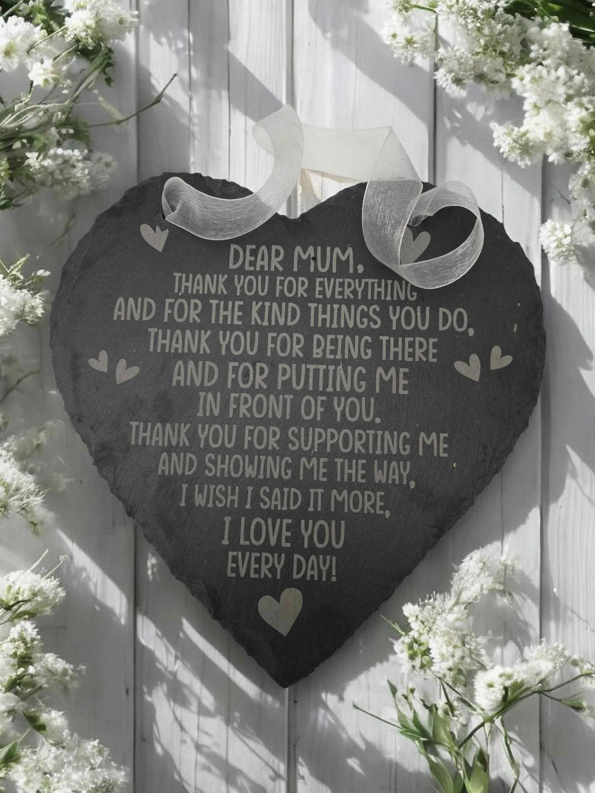 Personalised hand-engraved natural slate heart with hanging ribbon
