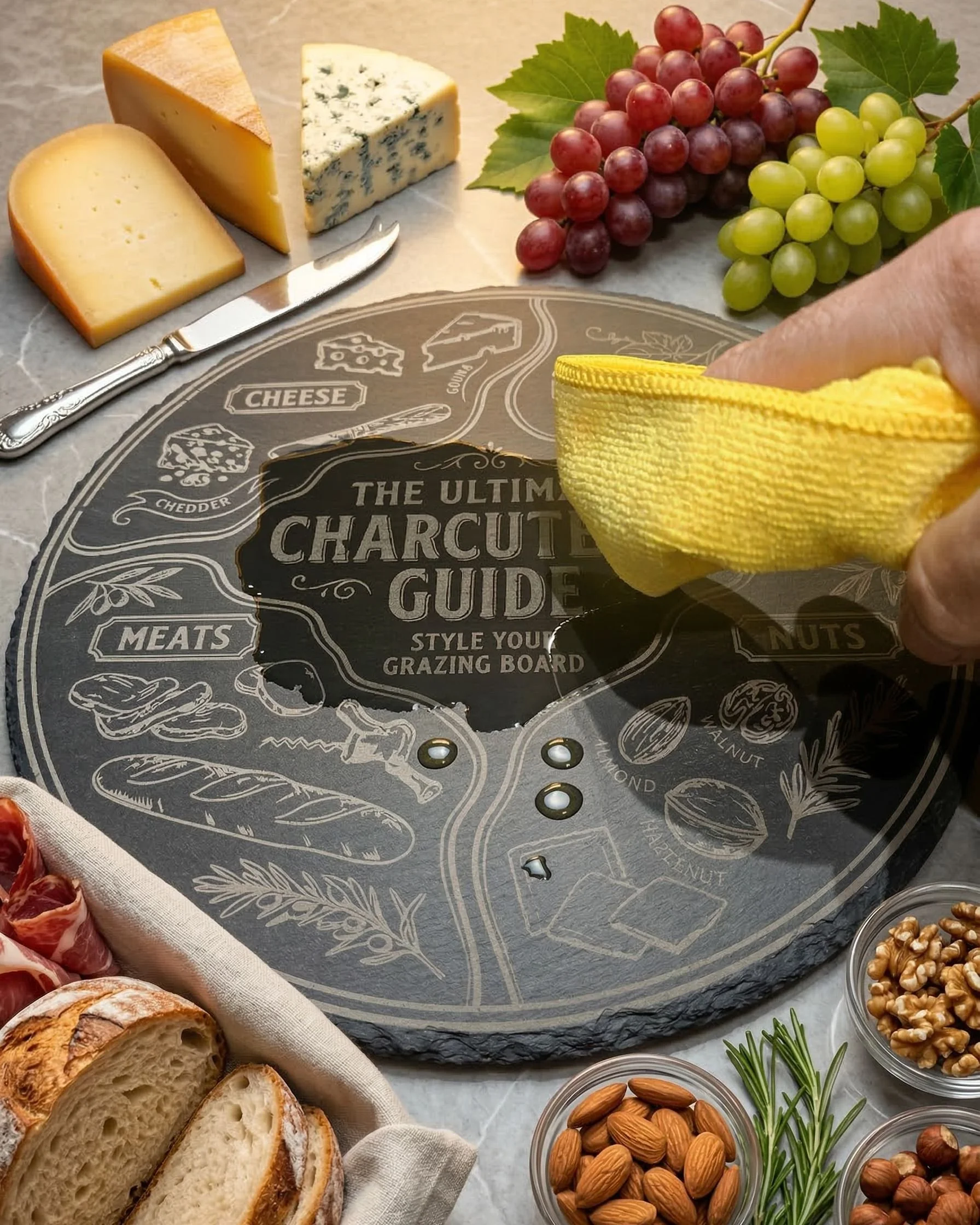 Close-up of intricate laser engravings featuring cheese, grapes, and meats on a dark slate grazing board..png