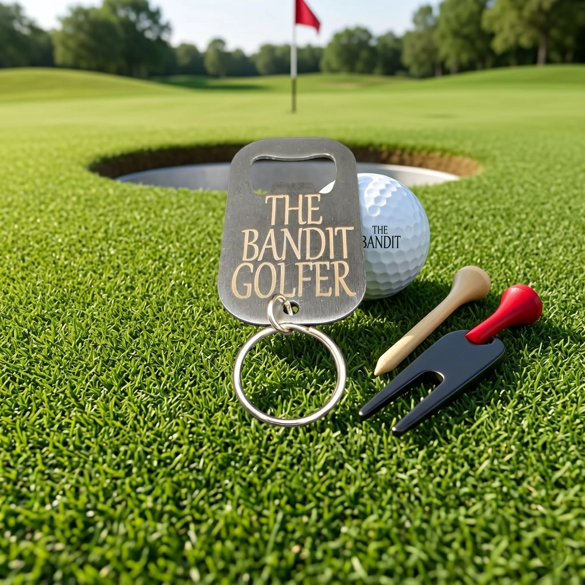 The Bandit engraved stainless steel golf bottle opener showing the bandit character design. Showing Bronze/cream colouring