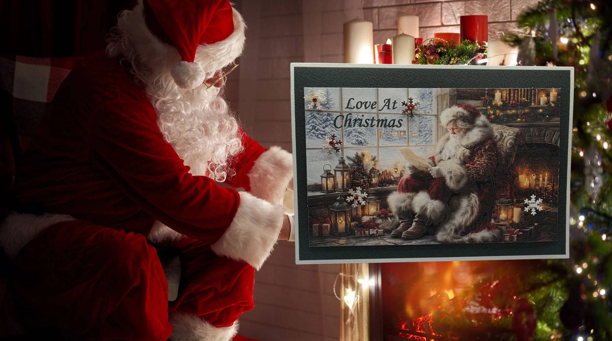 Vintage-style Christmas card displayed next to Santa Claus in a festive, firelit setting..png