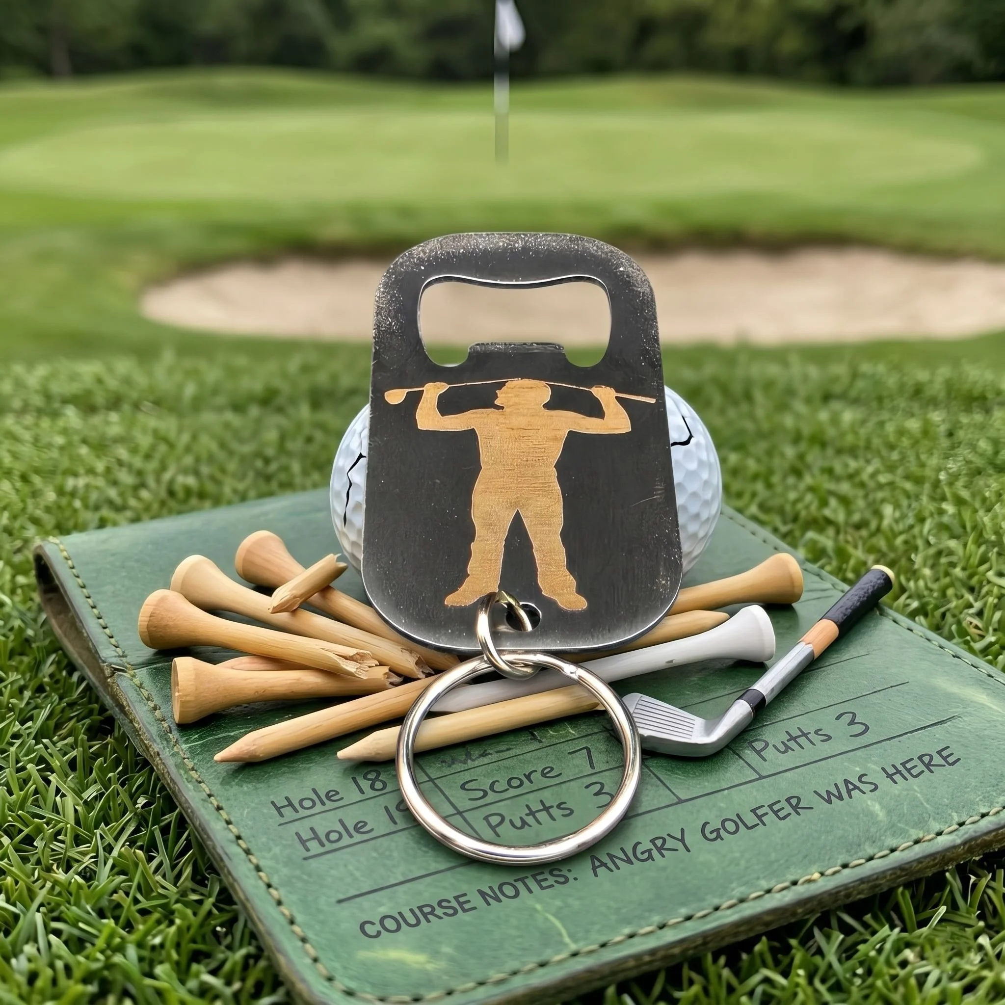 Back of laser engraved angry golfer design on brushed stainless steel. showing bronze/cream golfer