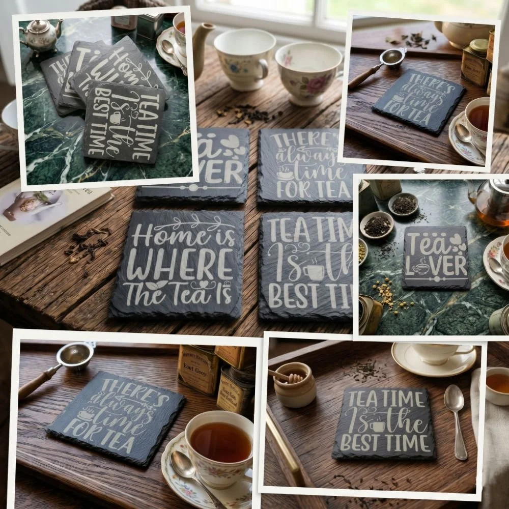 A photo collage showcasing various laser-engraved square slate coasters.jpeg
