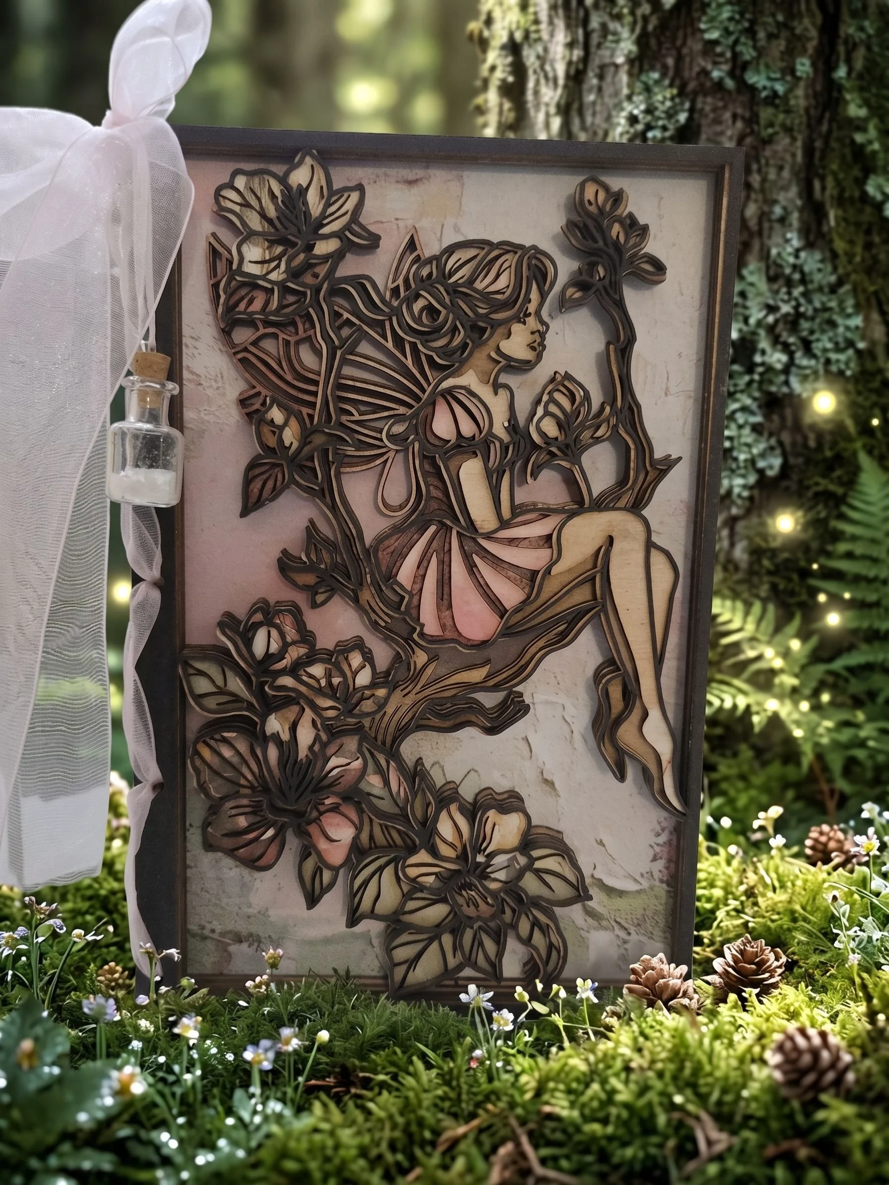 Front view 3D wooden fairy card on mossy ground.jpg