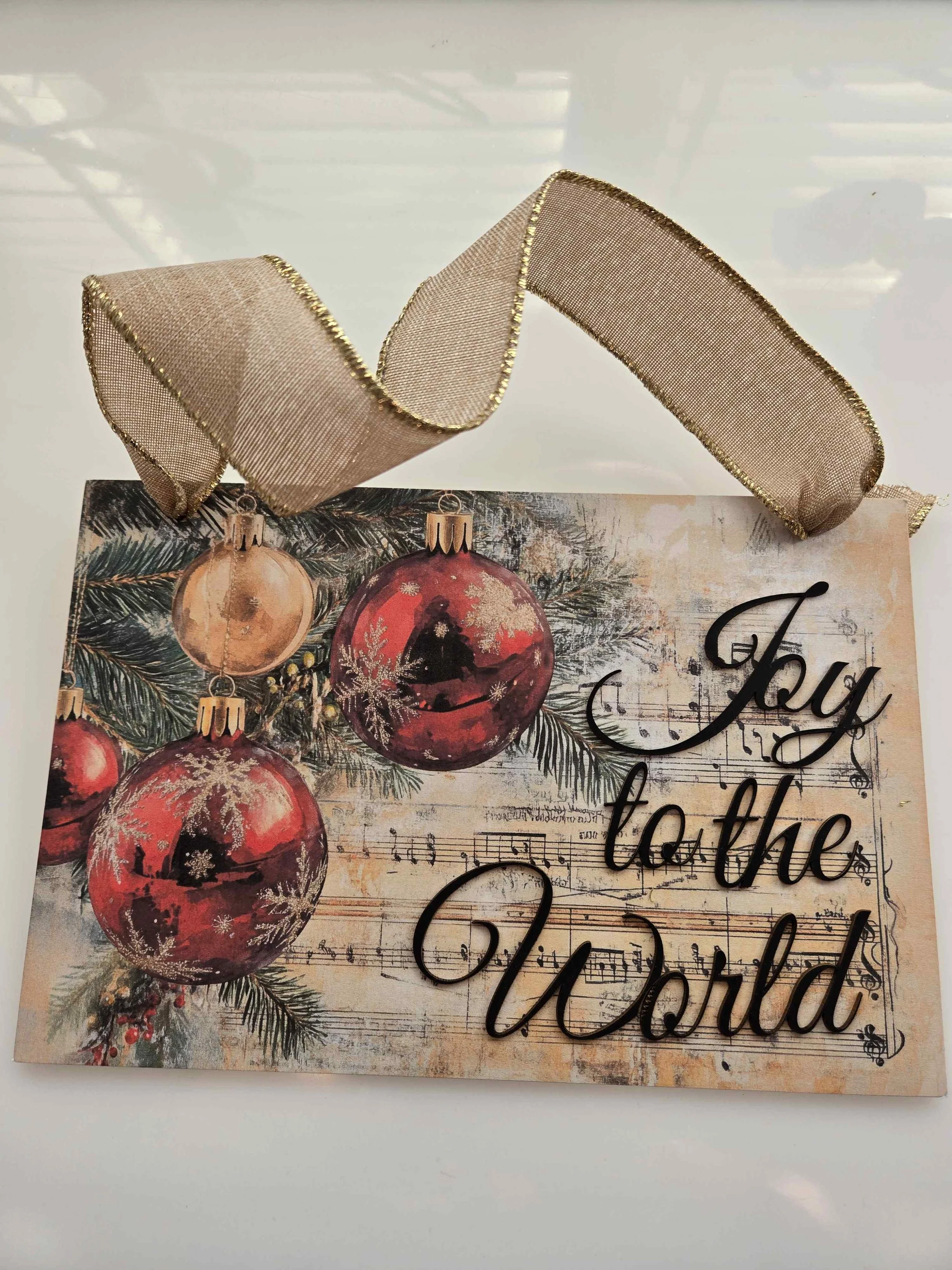 Christmas Rectangle Wooden Plaque - Joy to the World Baubles