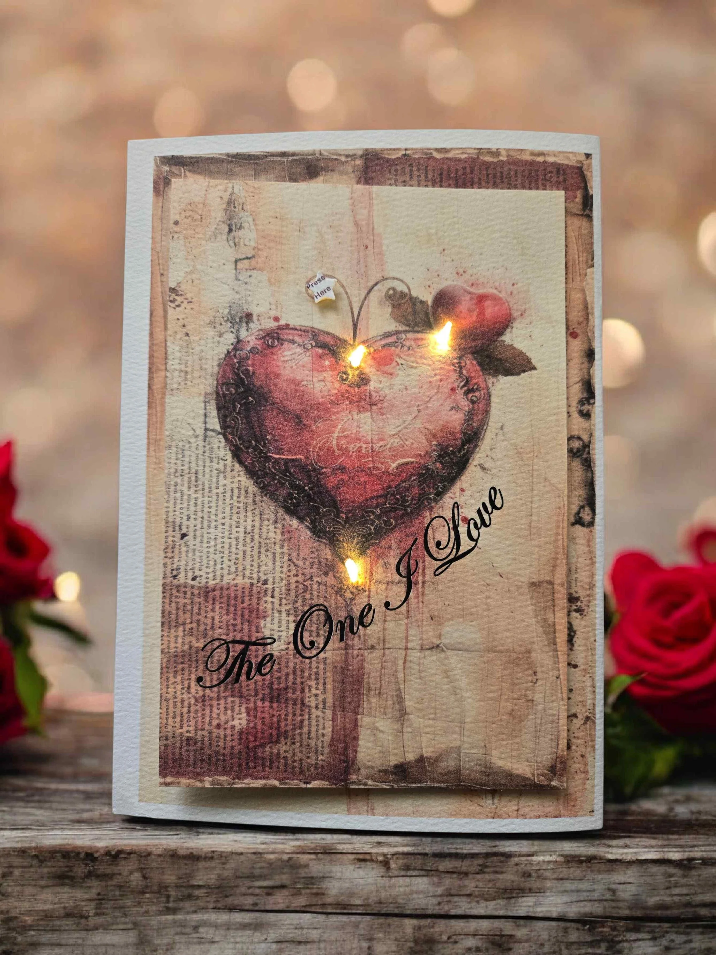 Valentine card featuring a vintage-style heart with the words "The One I Love" and small fairy lights.