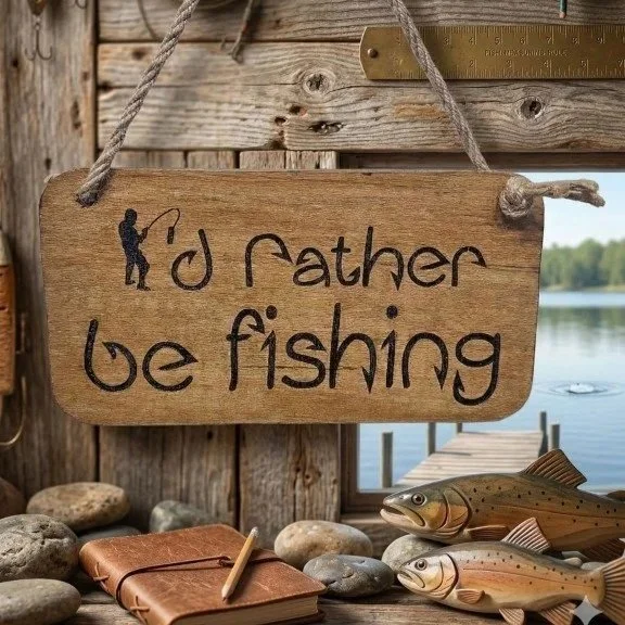 A+rustic+wooden+sign+engraved+with+I%27d+rather+be+fishing+hanging+in+a+cozy+fisherman%E2%80%99s+cabin+with+vintage+reels+and+fly-fishing+lures.+%28Medium%29.jpg