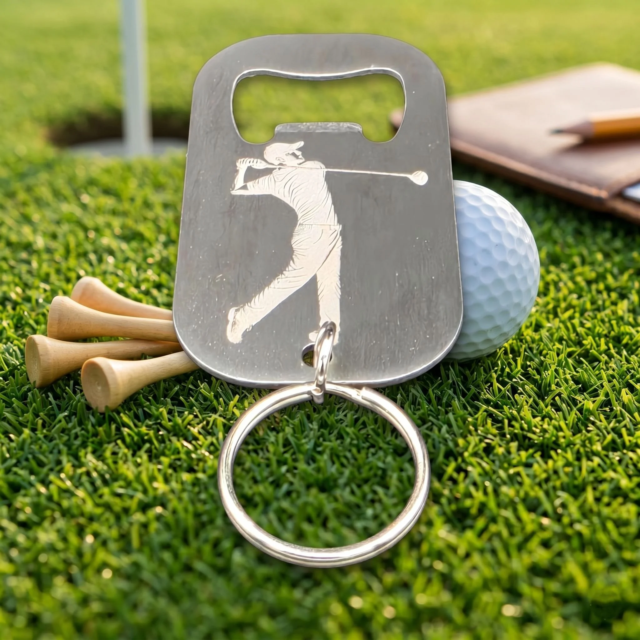 Double-sided golf bottle opener showing a golfer swinging engraving on the back for society prizes.
