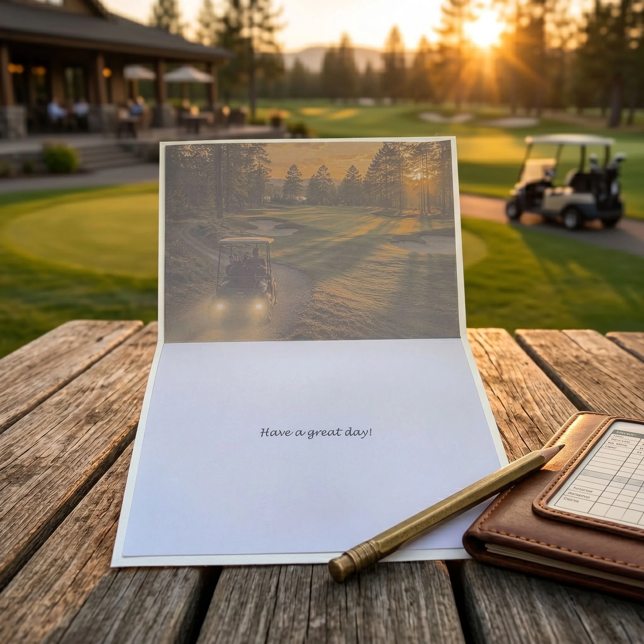 Open handmade birthday card showing Have a great day! text on a rustic table overlooking a golf resort..png